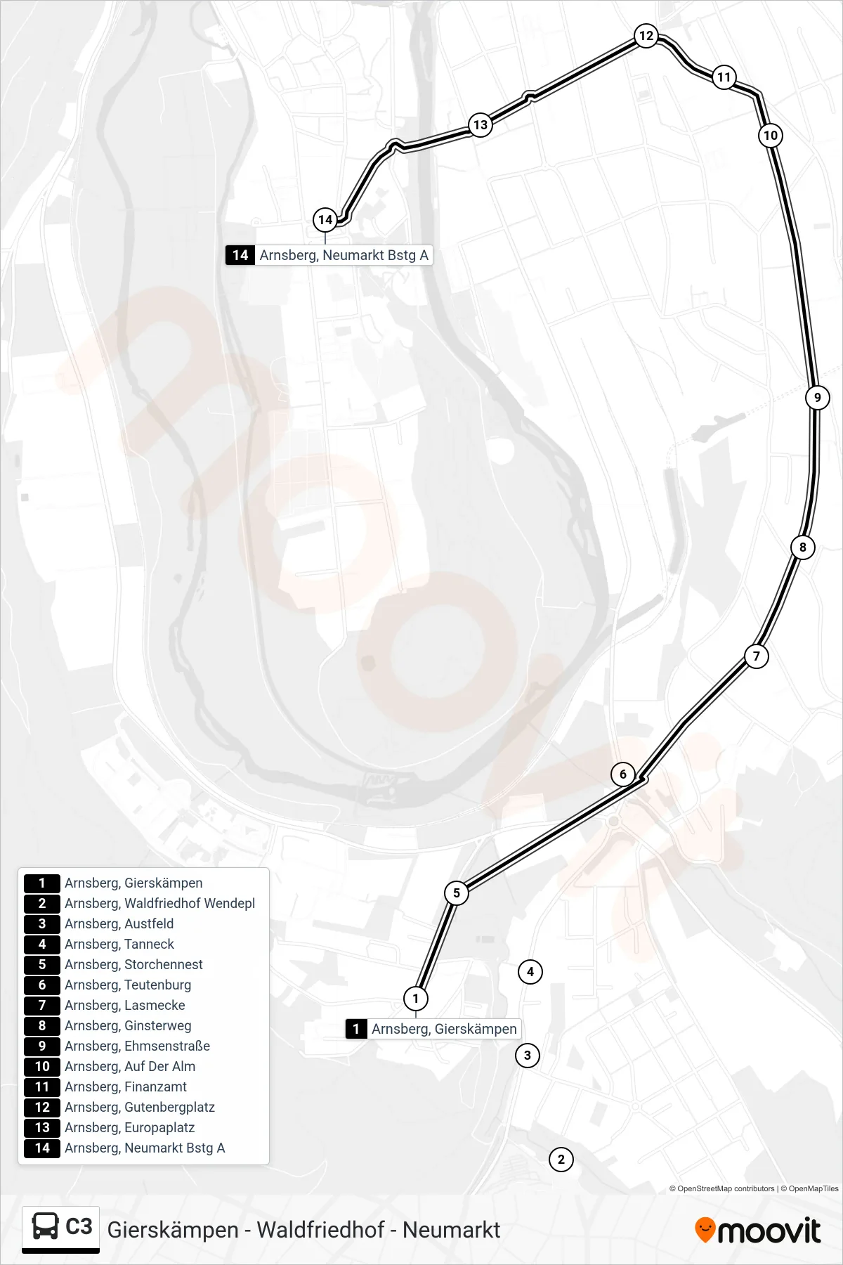 Linie C3 (Bus) Richtung Arnsberg, Neumarkt Bstg A: Route und Haltestellen auf der Karte