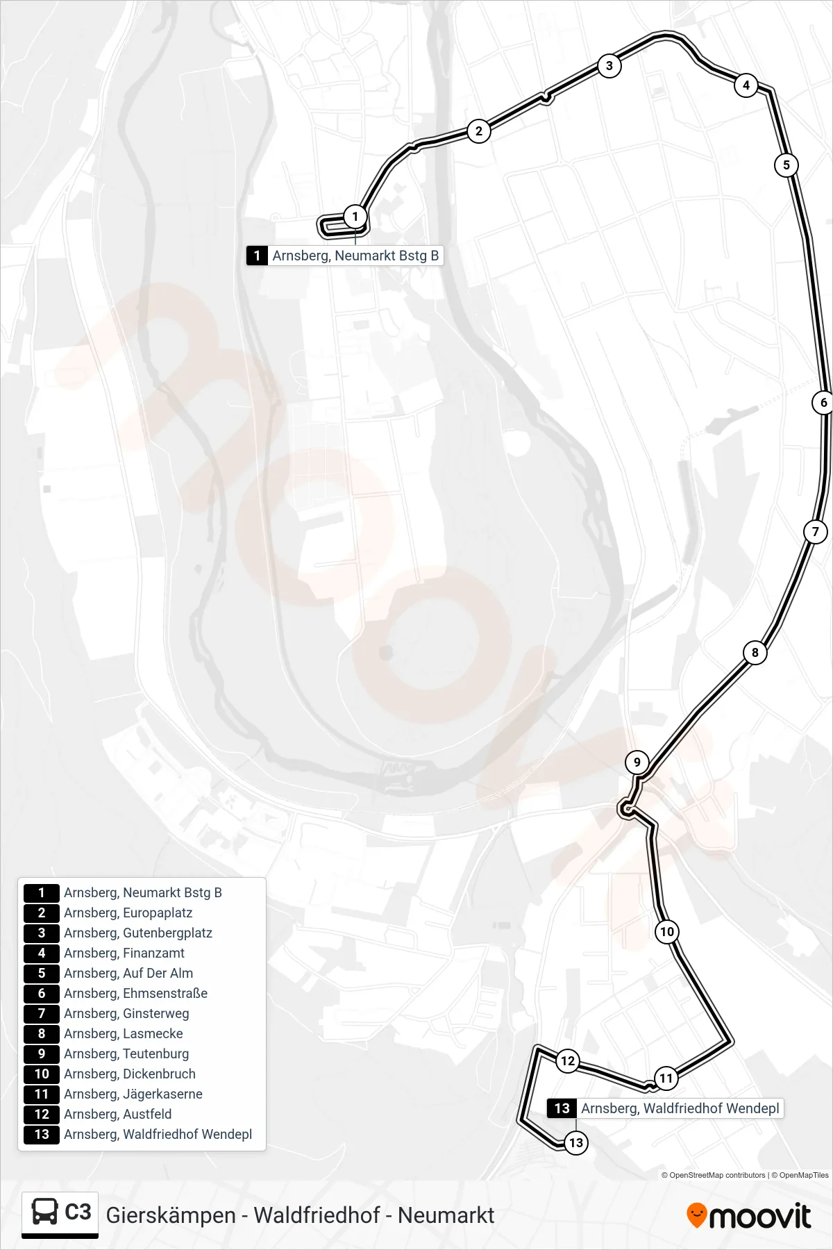 Linie C3 (Bus) Richtung Arnsberg, Waldfriedhof Wendepl: Route und Haltestellen auf der Karte