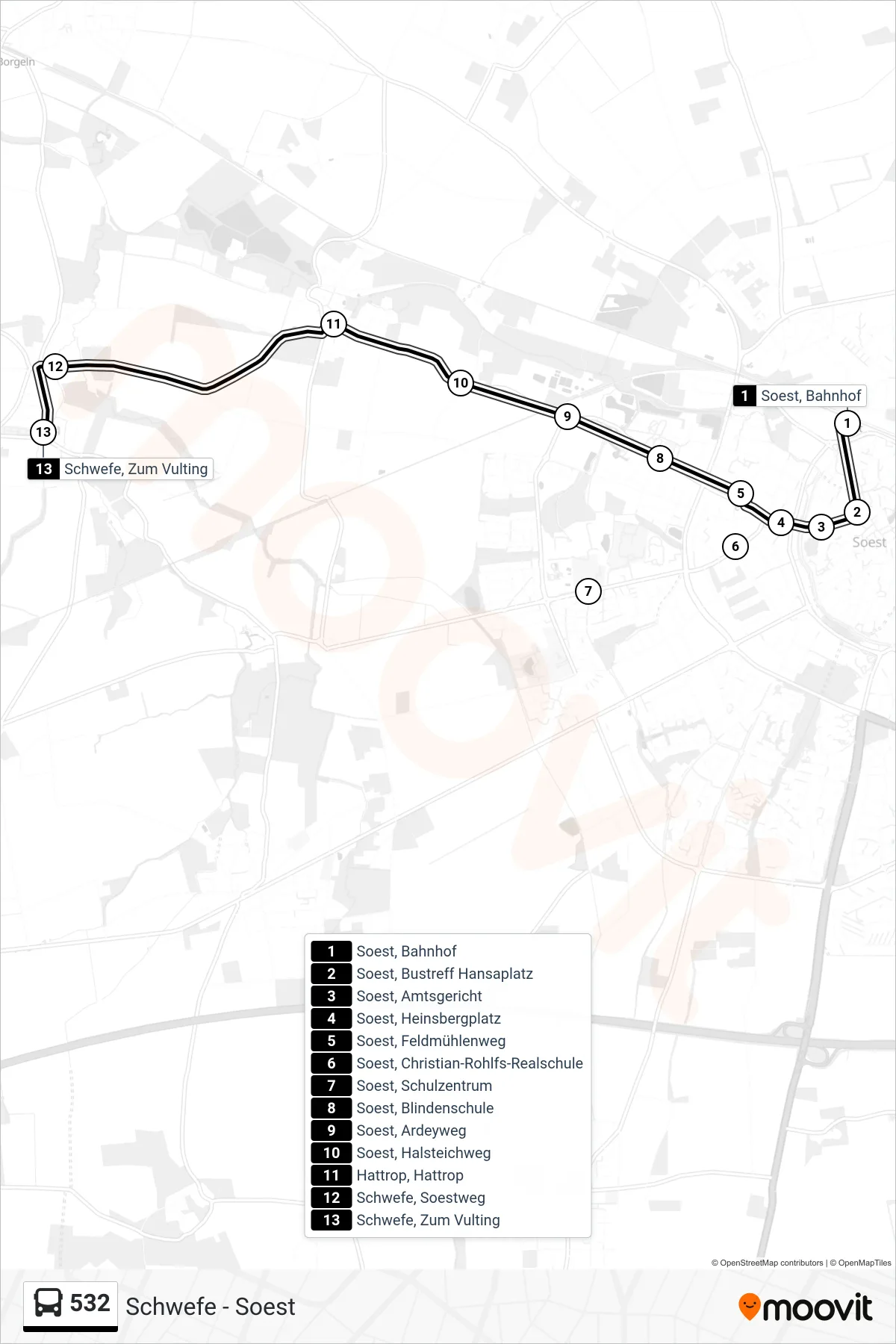 532 bus Line (Welver Schwefe) route and stops on a map