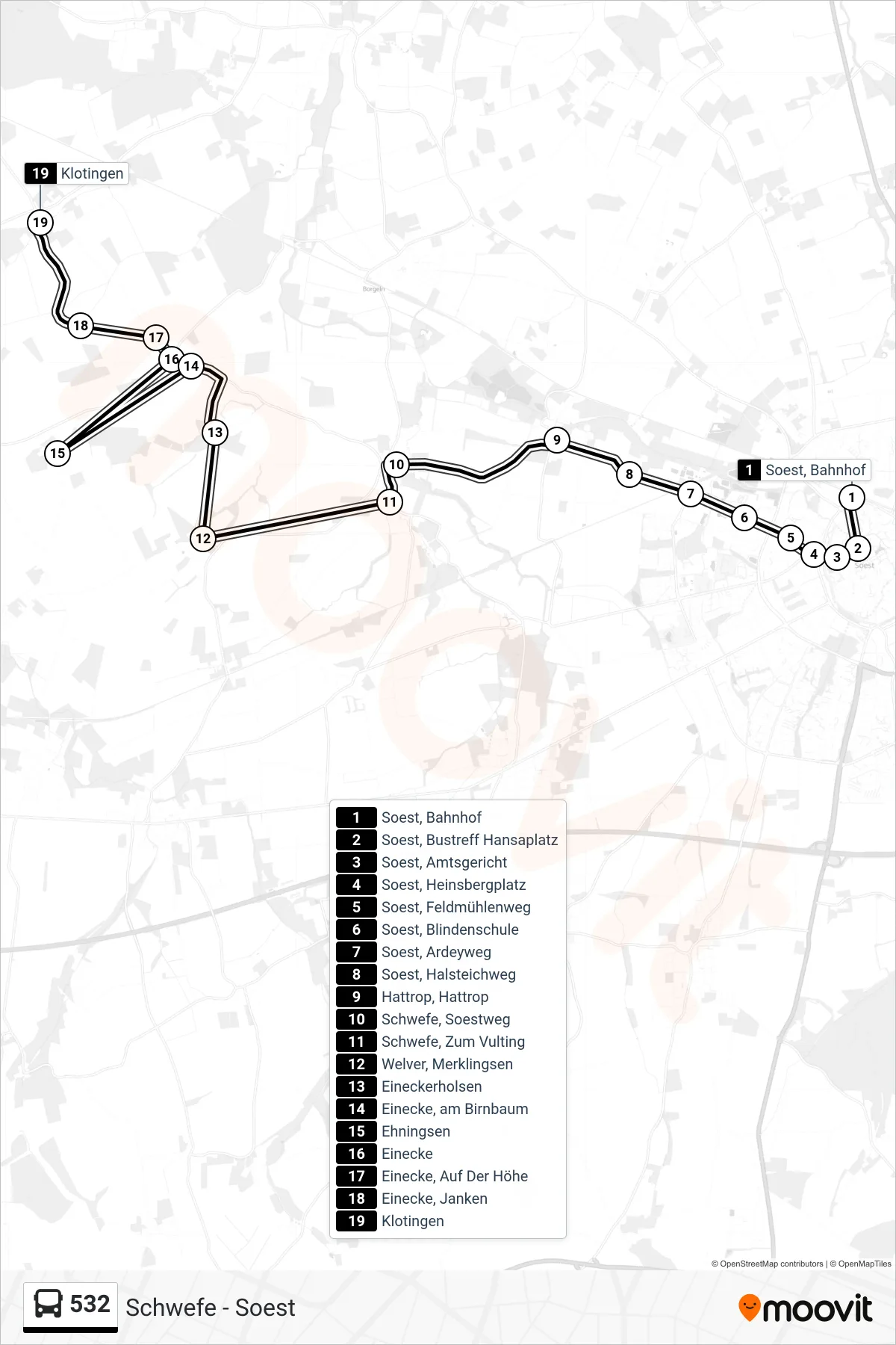 532 bus Line (Welver Klotingen) route and stops on a map