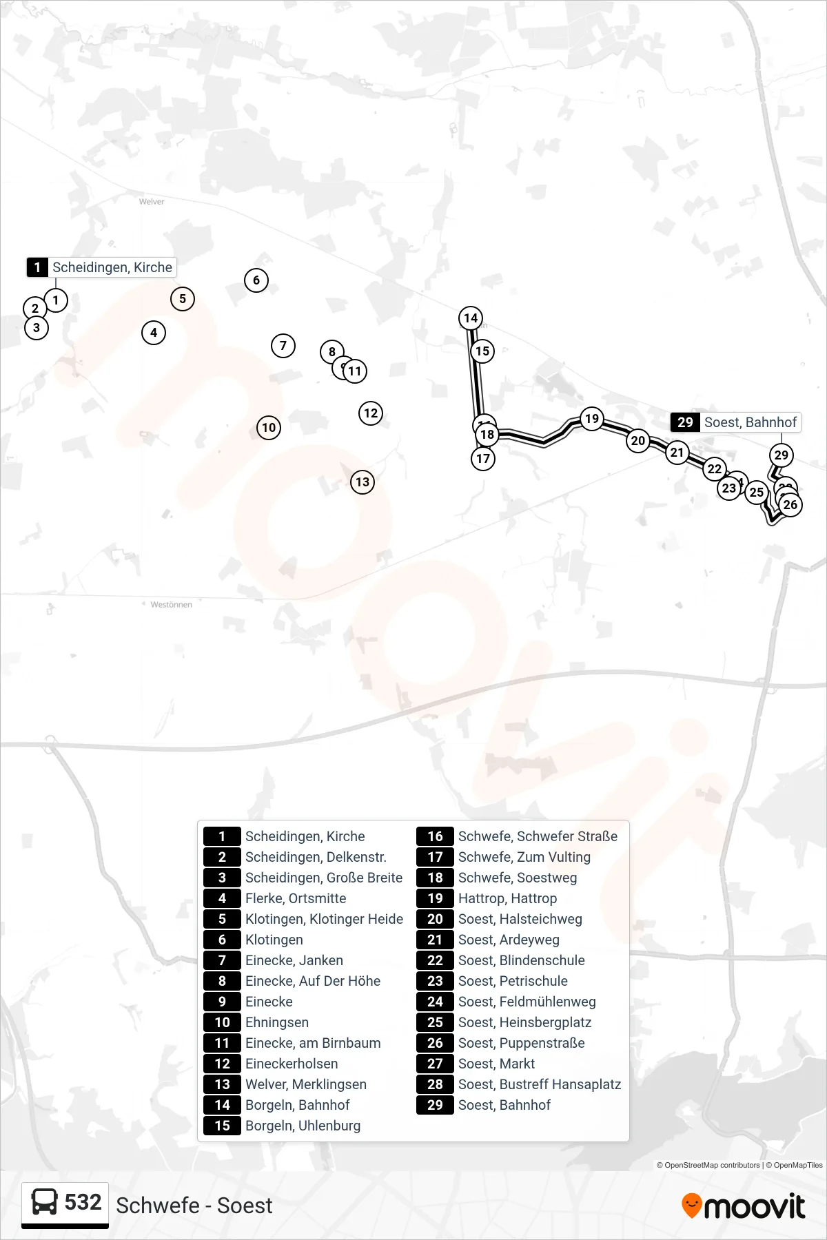 532 bus Line (Soest Bahnhof) route and stops on a map