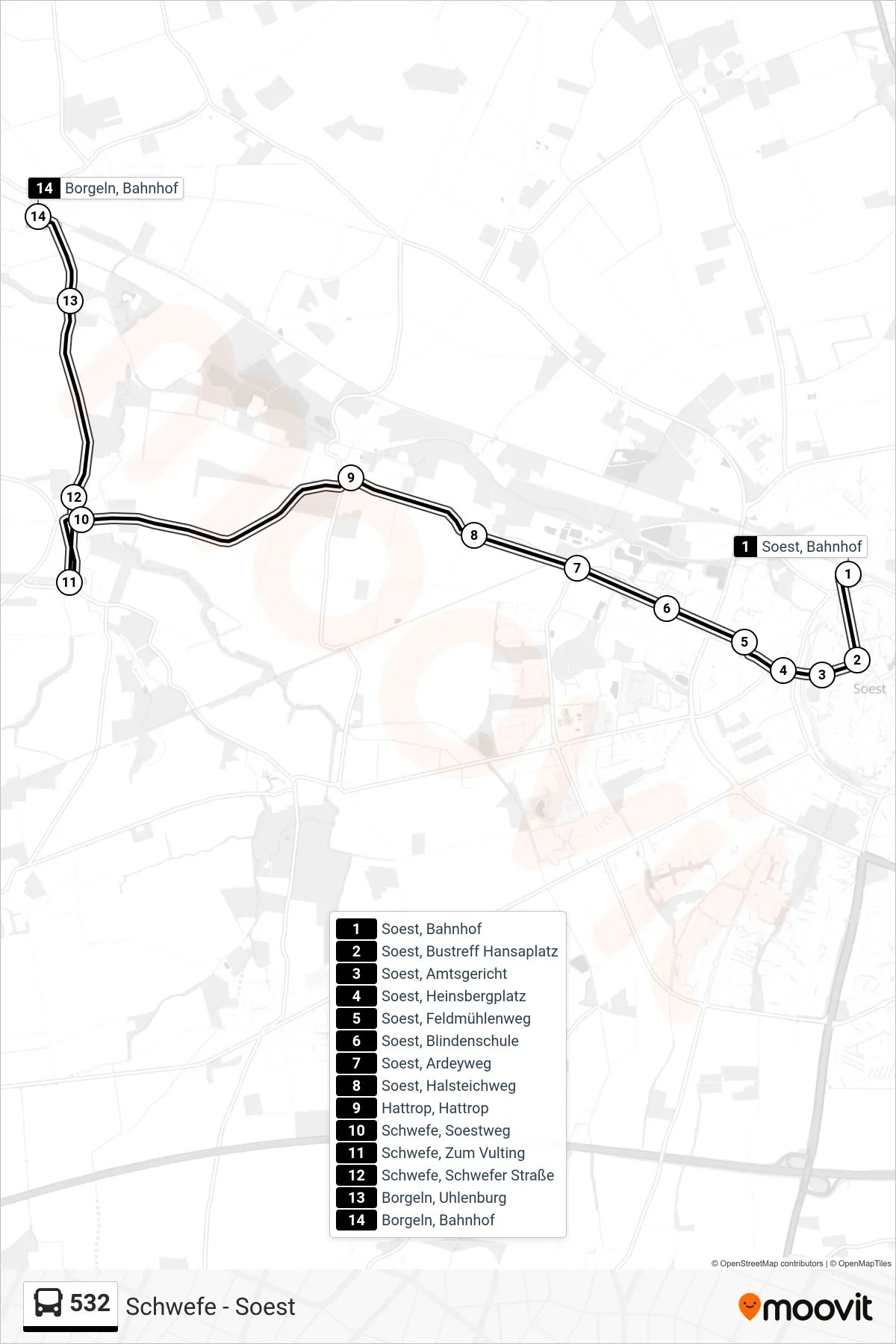 532 bus Line (Borgeln) route and stops on a map