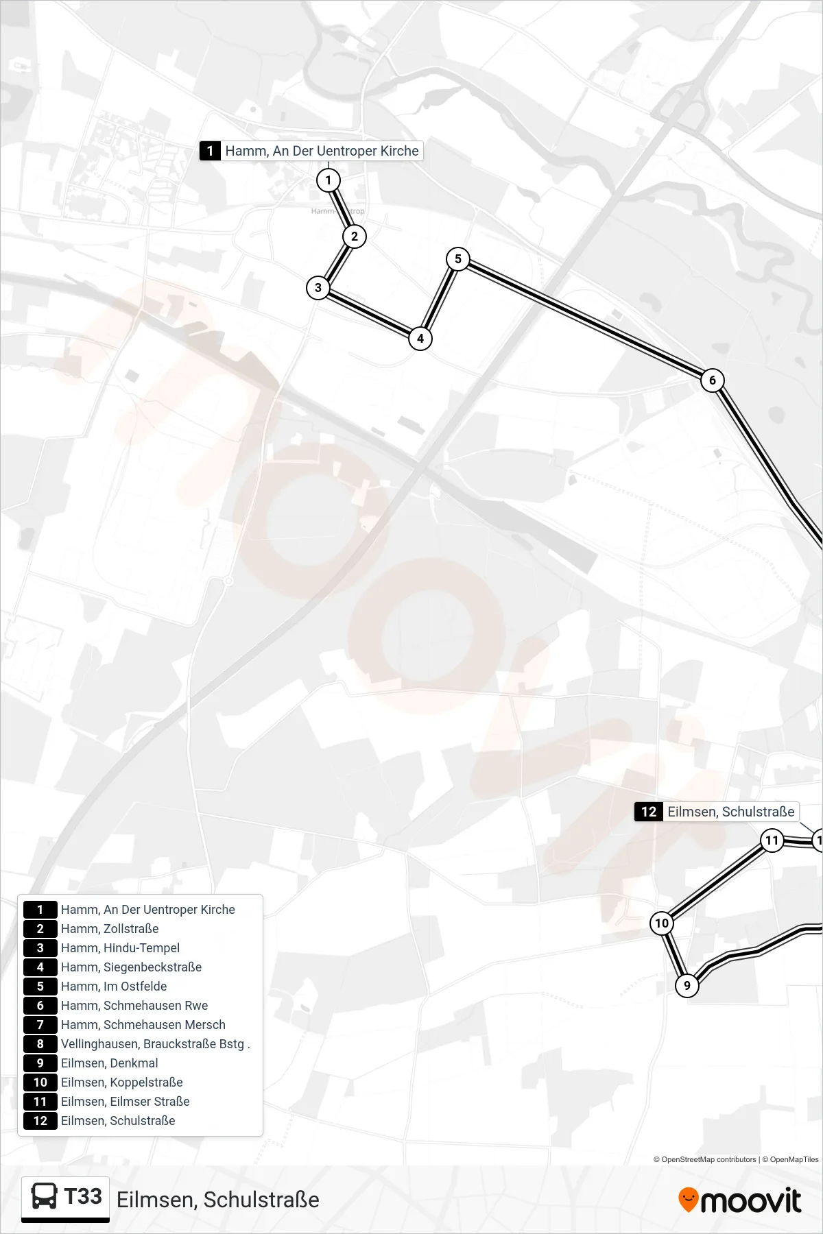 T33 bus Line (Eilmsen, Schulstraße) route and stops on a map