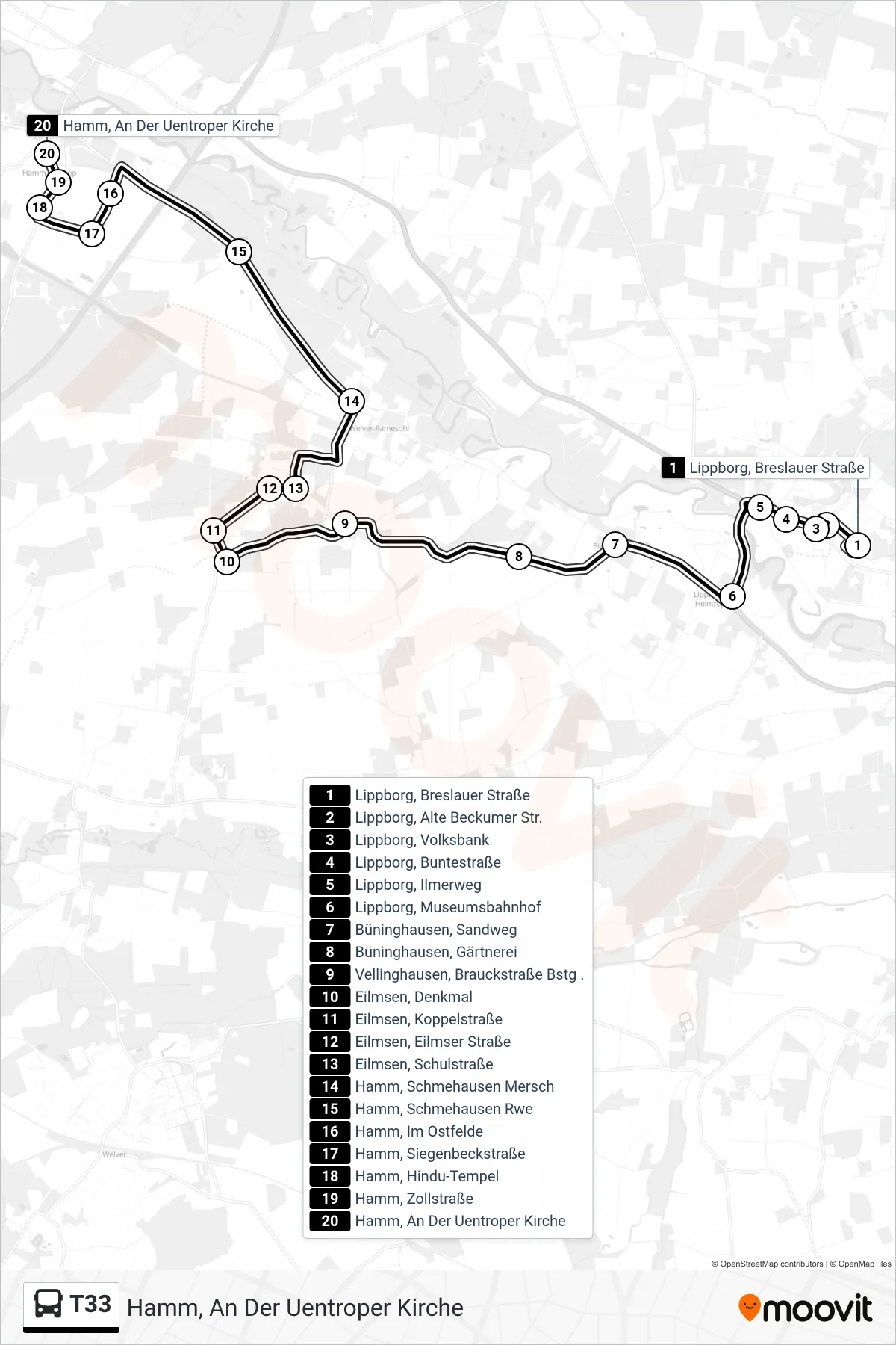 T33 bus Line (Hamm, An Der Uentroper Kirche) route and stops on a map