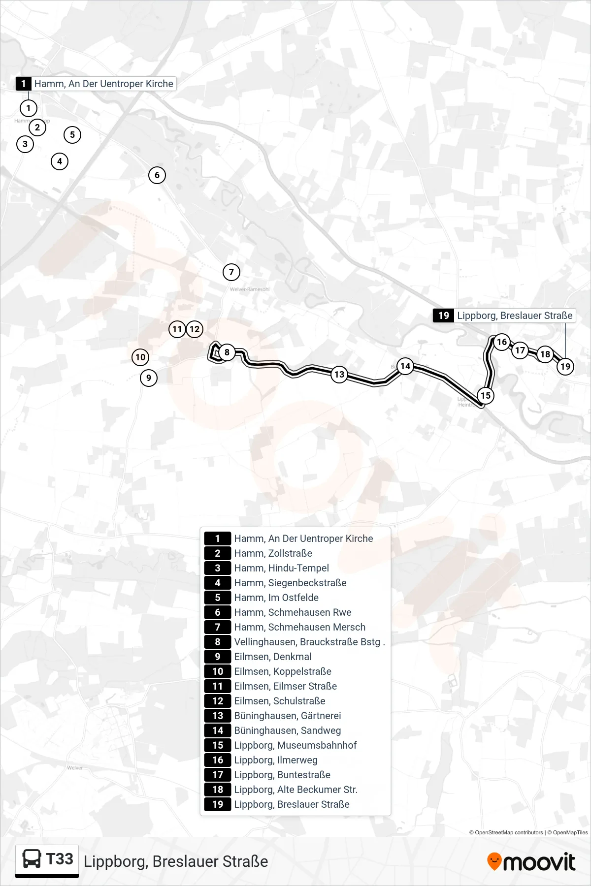 Linie T33 (Bus) Richtung Lippborg, Breslauer Straße: Route und Haltestellen auf der Karte