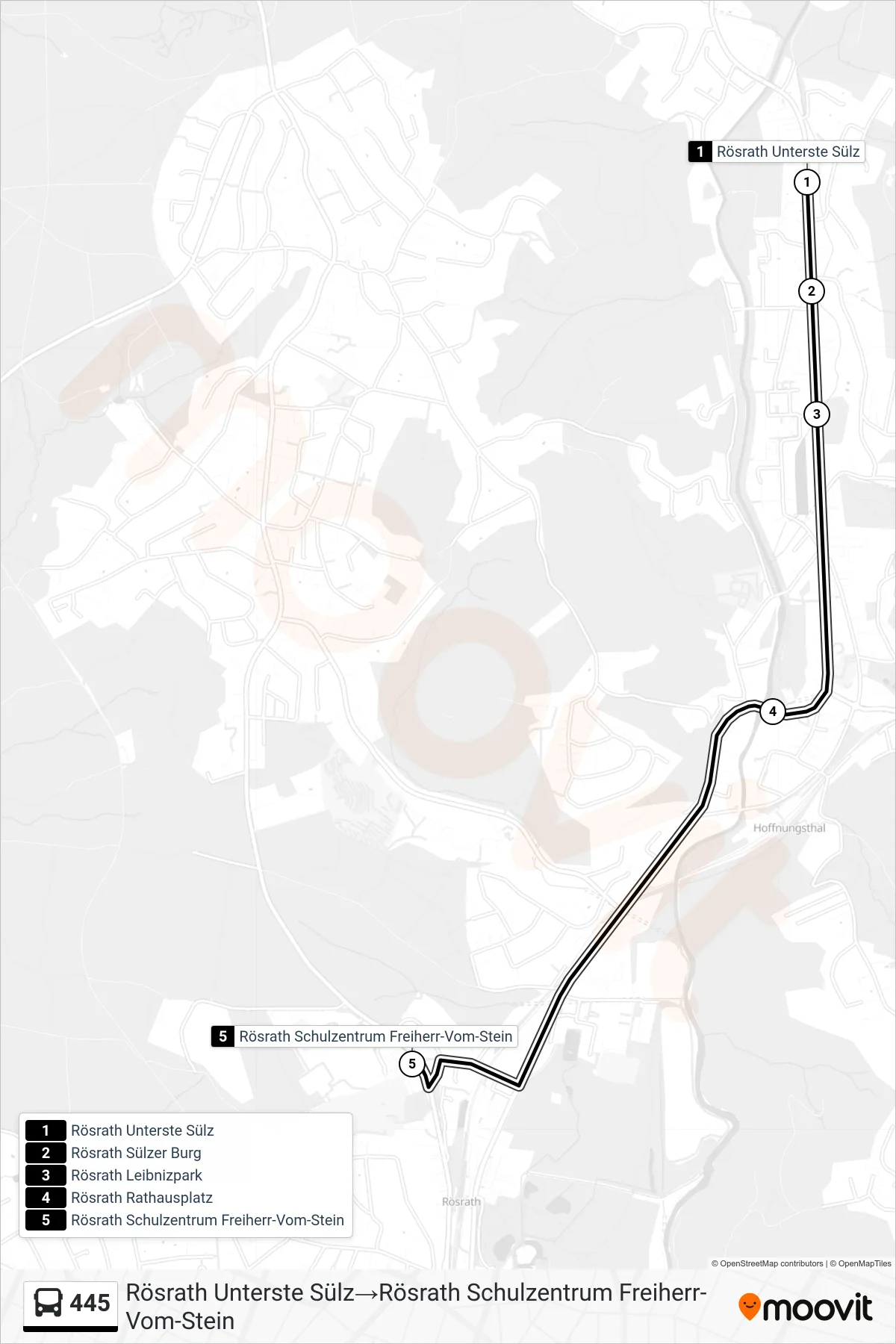 Linie 445 (Bus) Richtung Rösrath Unterste Sülz→Rösrath Schulzentrum Freiherr-Vom-Stein: Route und Haltestellen auf der Karte