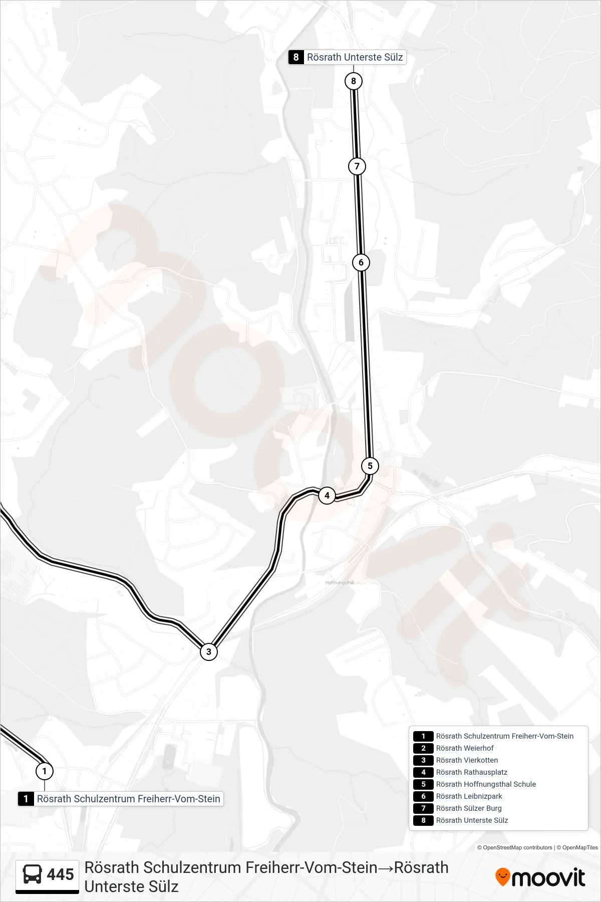 Linie 445 (Bus) Richtung Rösrath Schulzentrum Freiherr-Vom-Stein‎→Rösrath Unterste Sülz: Route und Haltestellen auf der Karte