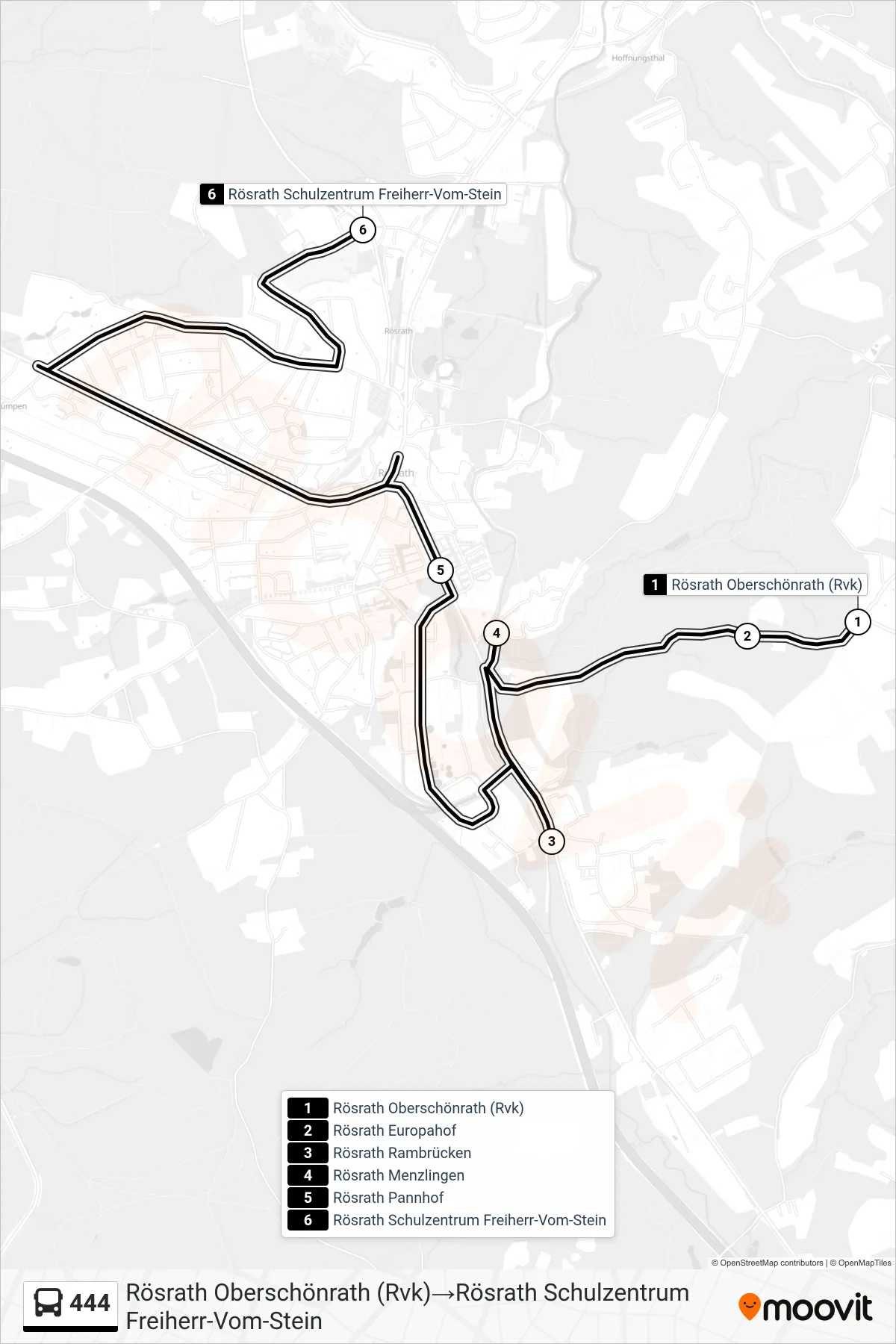 Linie 444 (Bus) Richtung Rösrath Oberschönrath (Rvk)‎→Rösrath Schulzentrum Freiherr-Vom-Stein: Route und Haltestellen auf der Karte
