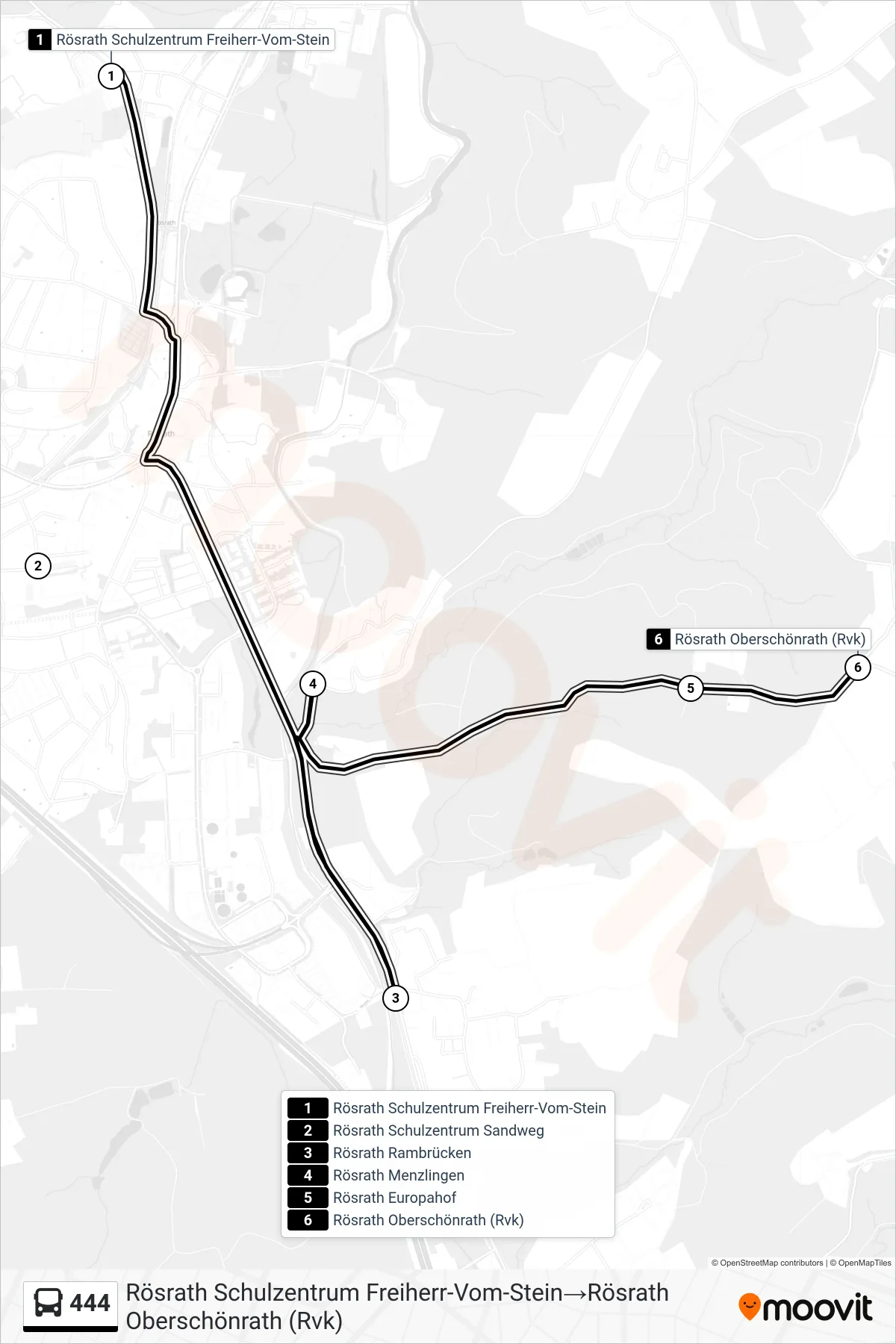 444 bus Line (Rösrath Schulzentrum Freiherr-Vom-Stein→Rösrath Oberschönrath (Rvk)) route and stops on a map