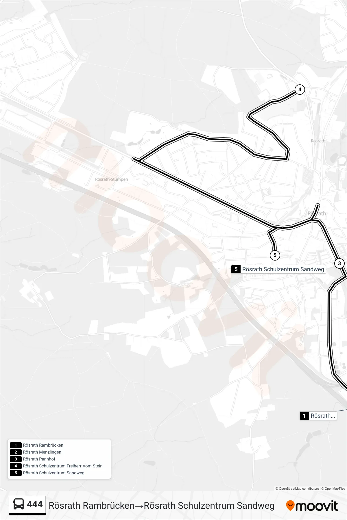 Linie 444 (Bus) Richtung Rösrath Rambrücken→Rösrath Schulzentrum Sandweg: Route und Haltestellen auf der Karte