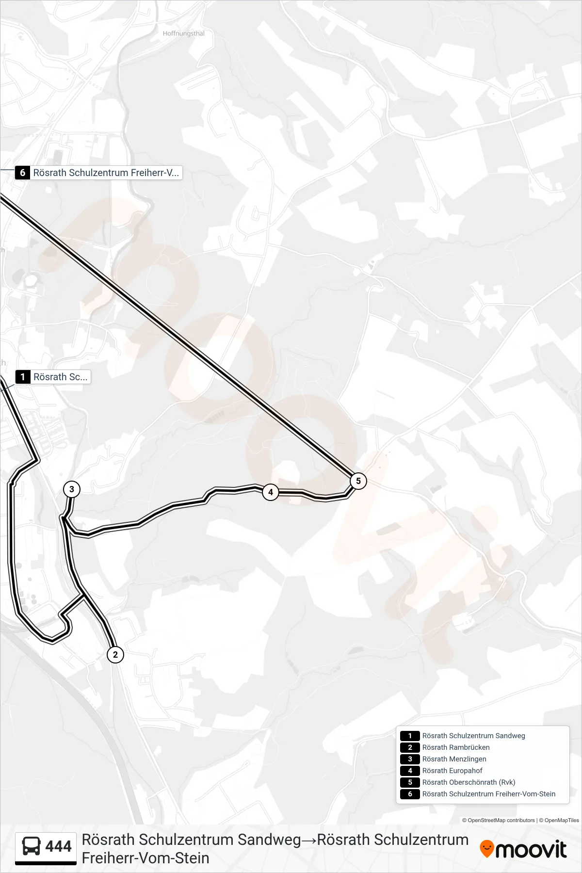 Linie 444 (Bus) Richtung Rösrath Schulzentrum Sandweg‎→Rösrath Schulzentrum Freiherr-Vom-Stein: Route und Haltestellen auf der Karte