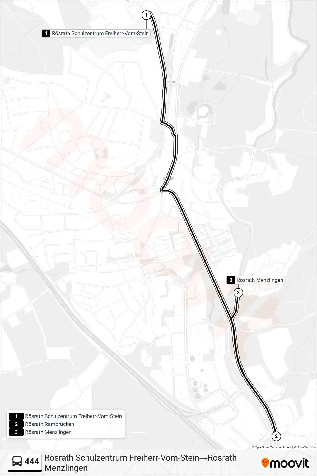 Linie 444 (Bus) Richtung Rösrath Schulzentrum Freiherr-Vom-Stein→Rösrath Menzlingen: Route und Haltestellen auf der Karte