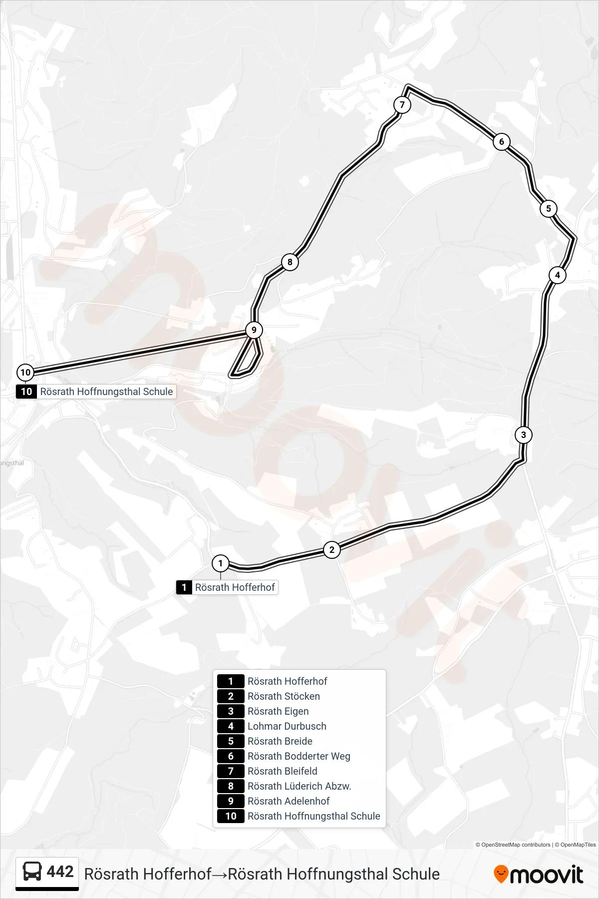 Linie 442 (Bus) Richtung Rösrath Hofferhof‎→Rösrath Hoffnungsthal Schule: Route und Haltestellen auf der Karte