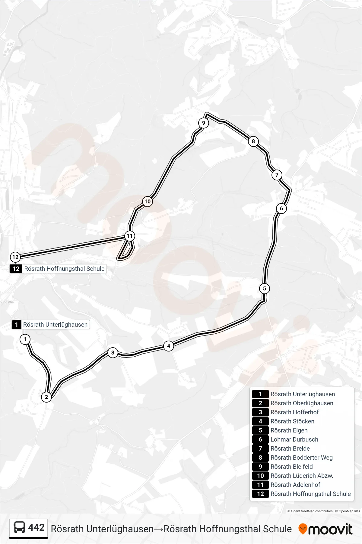 442 bus Line (Rösrath Unterlüghausen‎→Rösrath Hoffnungsthal Schule) route and stops on a map