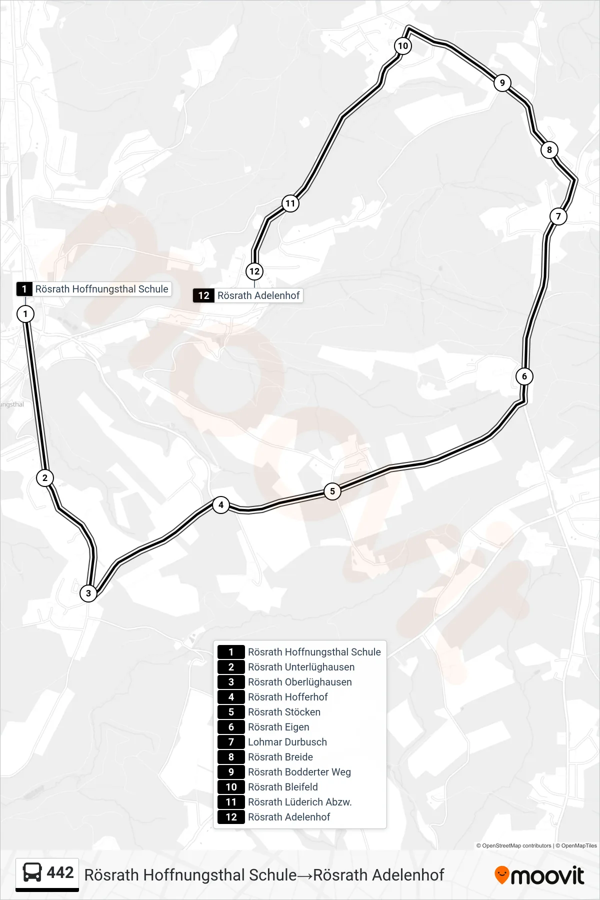 Linie 442 (Bus) Richtung Rösrath Hoffnungsthal Schule‎→Rösrath Adelenhof: Route und Haltestellen auf der Karte