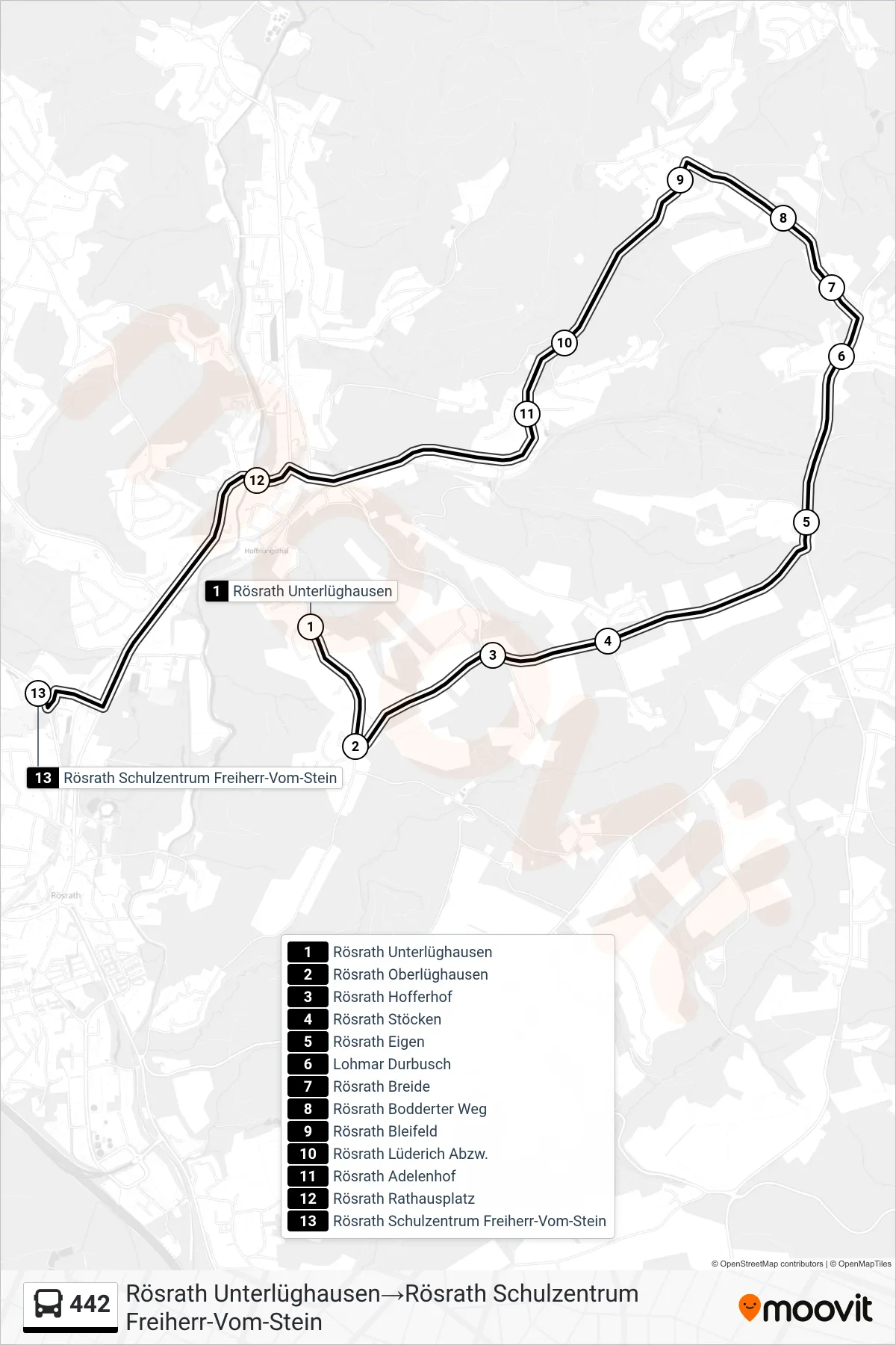 Linie 442 (Bus) Richtung Rösrath Unterlüghausen→Rösrath Schulzentrum Freiherr-Vom-Stein: Route und Haltestellen auf der Karte