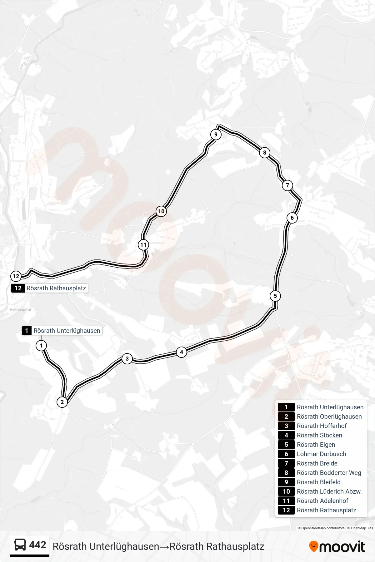 Linie 442 (Bus) Richtung Rösrath Unterlüghausen‎→Rösrath Rathausplatz: Route und Haltestellen auf der Karte