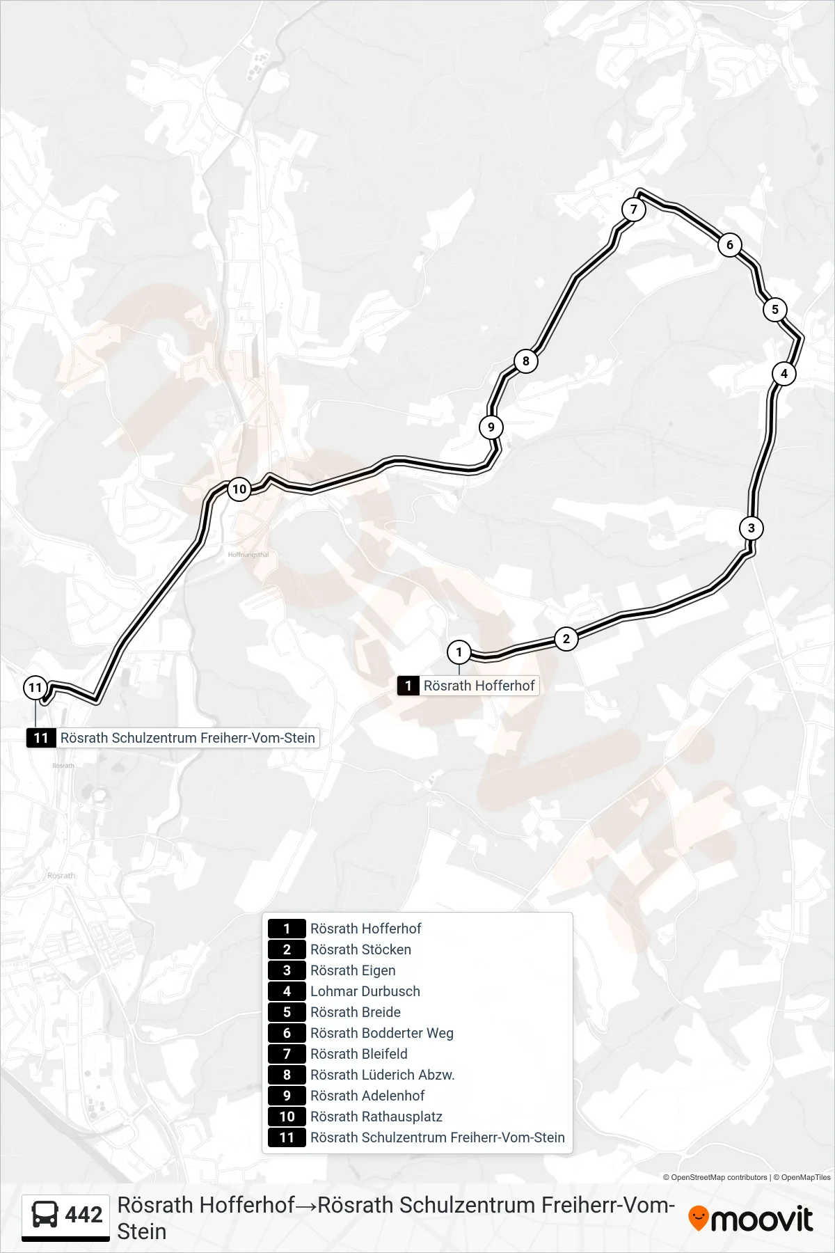 Linie 442 (Bus) Richtung Rösrath Hofferhof‎→Rösrath Schulzentrum Freiherr-Vom-Stein: Route und Haltestellen auf der Karte