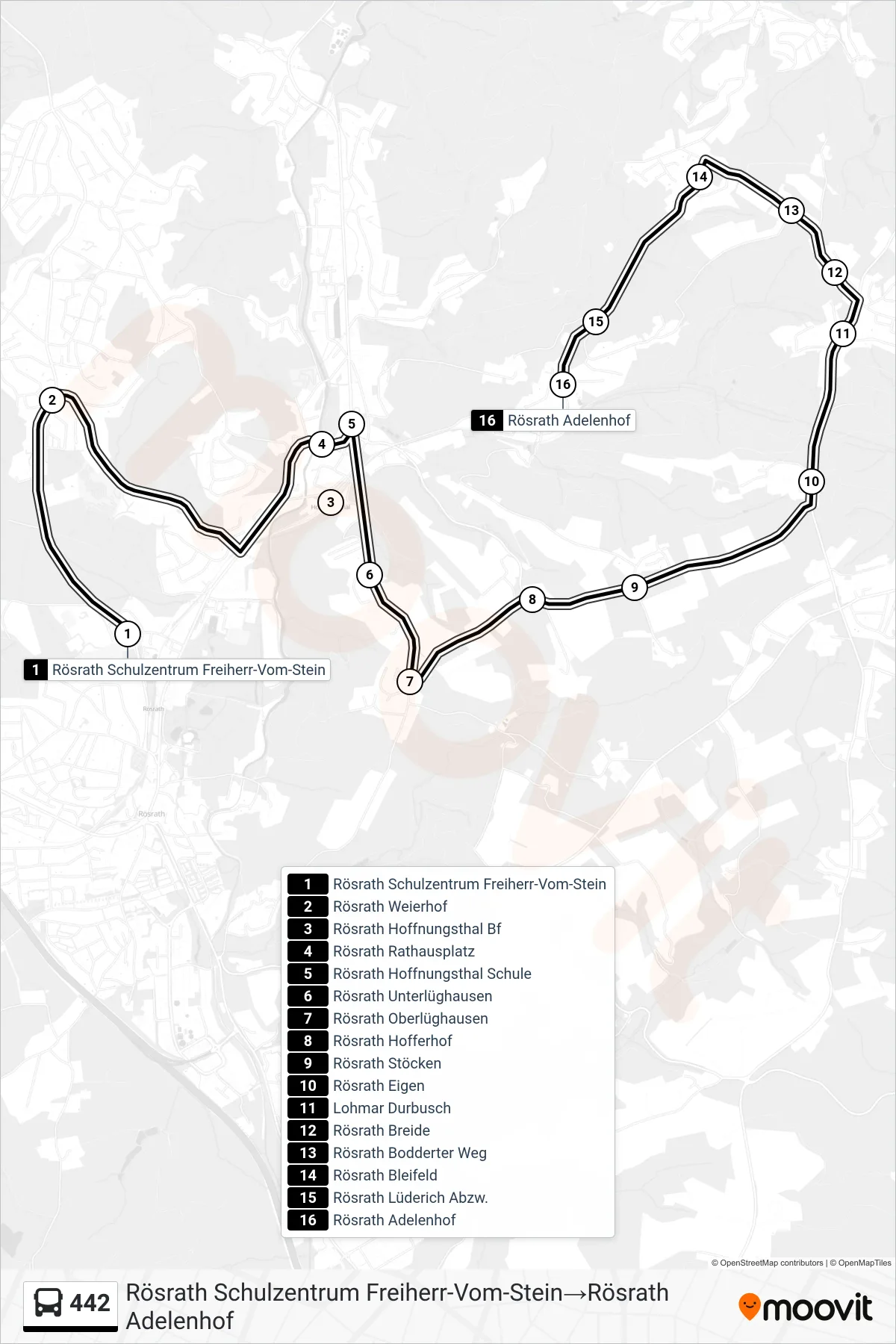 Linie 442 (Bus) Richtung Rösrath Schulzentrum Freiherr-Vom-Stein‎→Rösrath Adelenhof: Route und Haltestellen auf der Karte