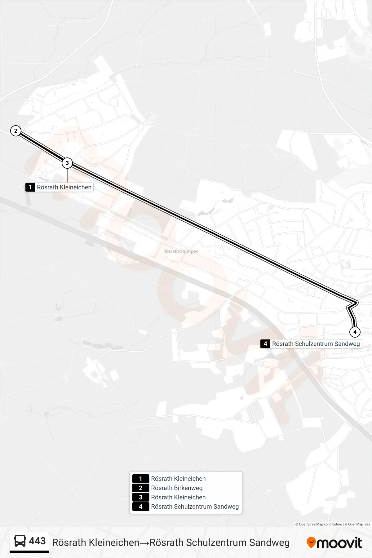 Linie 443 (Bus) Richtung Rösrath Kleineichen‎→Rösrath Schulzentrum Sandweg: Route und Haltestellen auf der Karte