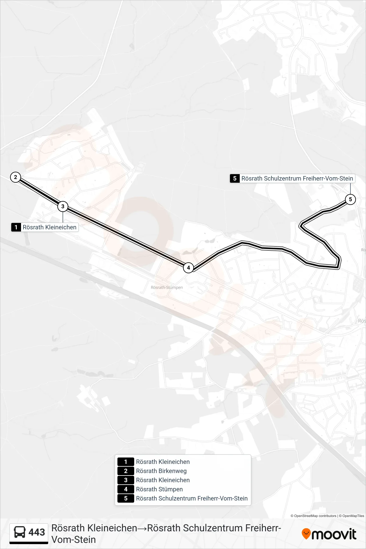 443 bus Line (Rösrath Kleineichen→Rösrath Schulzentrum Freiherr-Vom-Stein) route and stops on a map