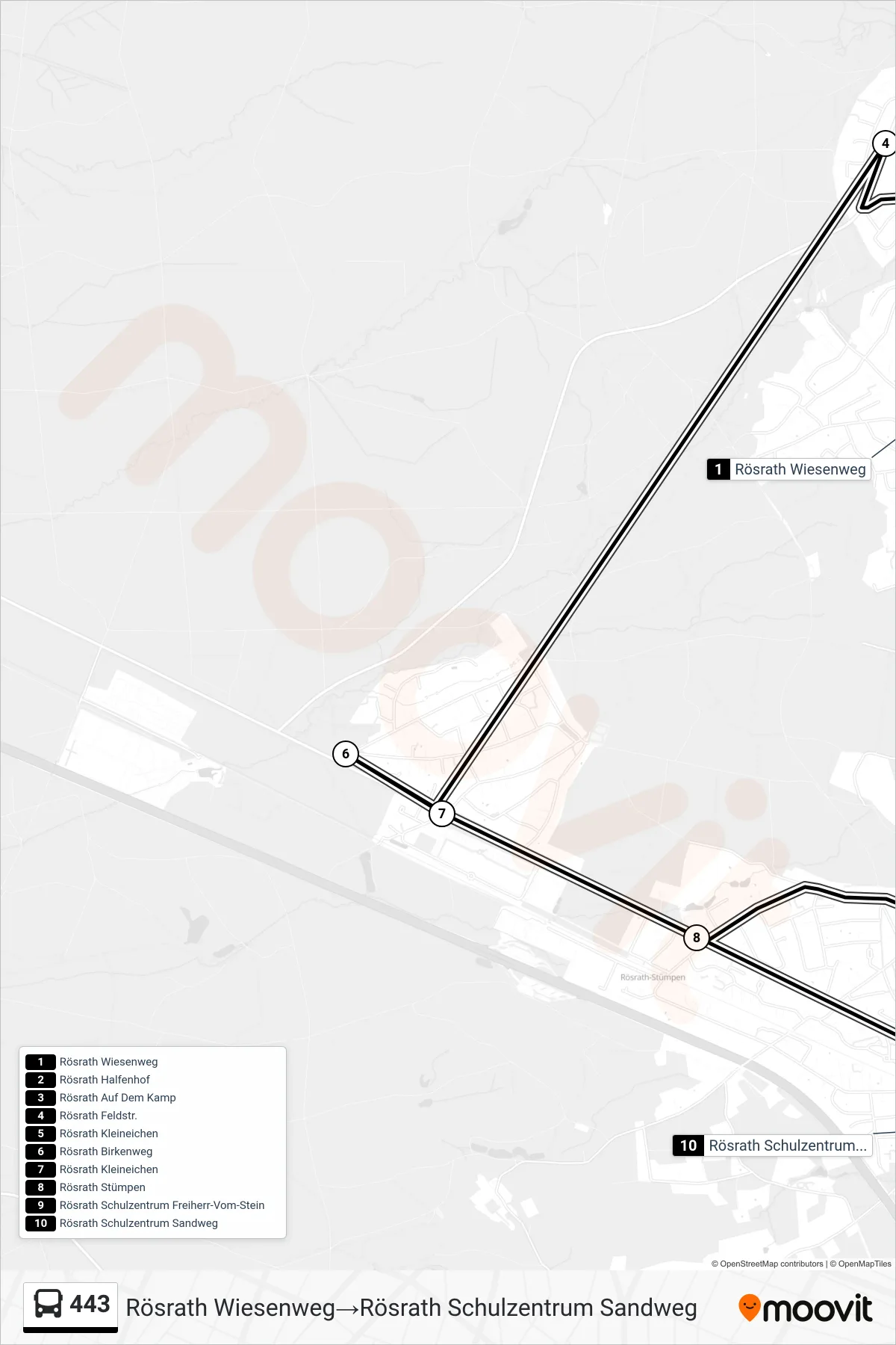 443 bus Line (Rösrath Wiesenweg→Rösrath Schulzentrum Sandweg) route and stops on a map