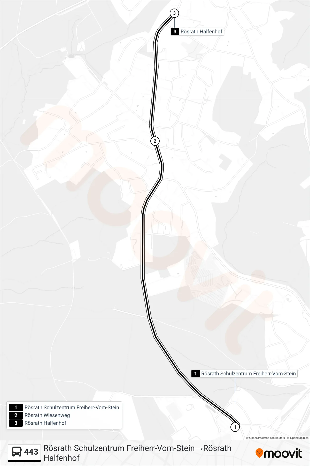 Linie 443 (Bus) Richtung Rösrath Schulzentrum Freiherr-Vom-Stein‎→Rösrath Halfenhof: Route und Haltestellen auf der Karte