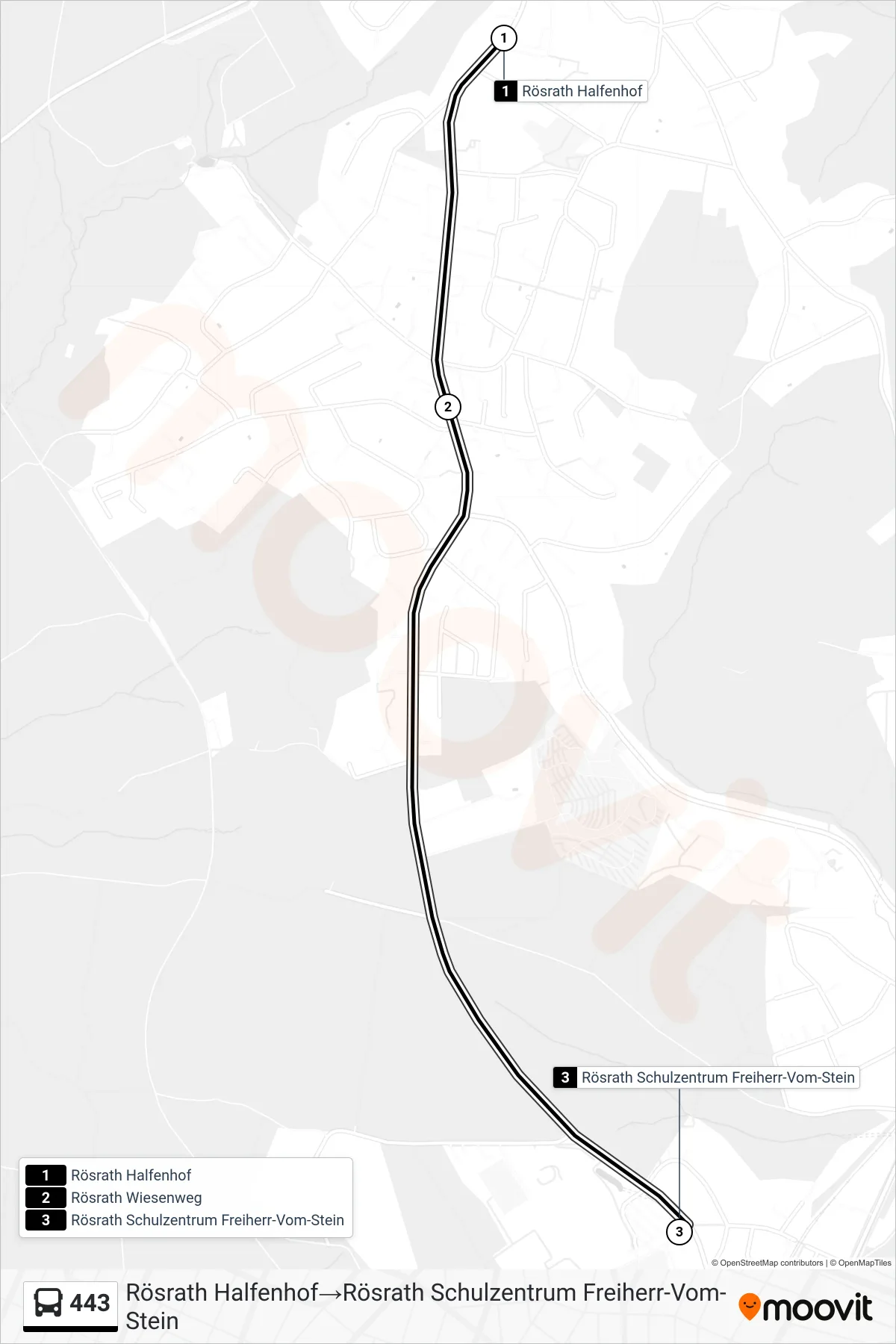 Linie 443 (Bus) Richtung Rösrath Halfenhof→Rösrath Schulzentrum Freiherr-Vom-Stein: Route und Haltestellen auf der Karte