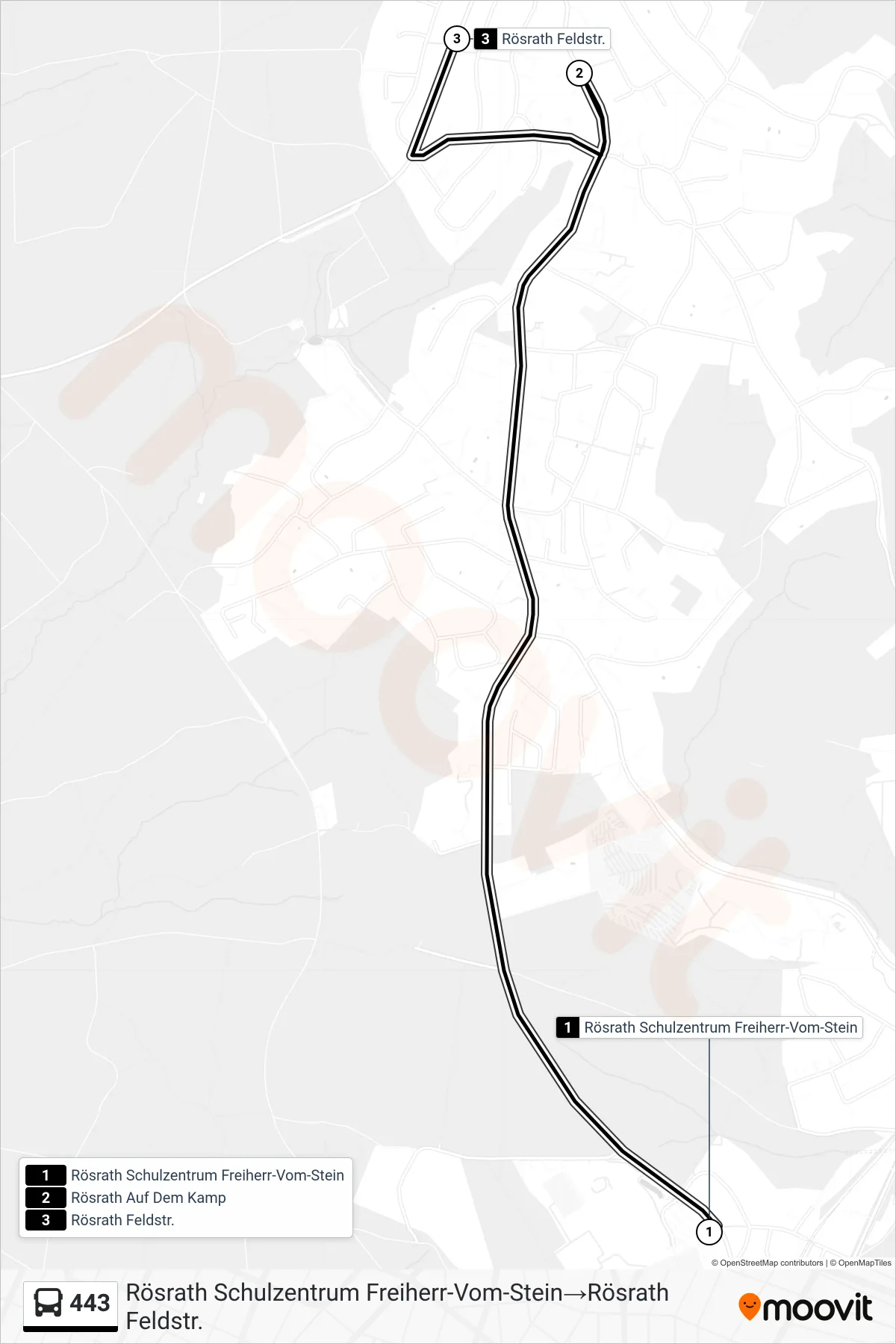 Linie 443 (Bus) Richtung Rösrath Schulzentrum Freiherr-Vom-Stein‎→Rösrath Feldstr.: Route und Haltestellen auf der Karte