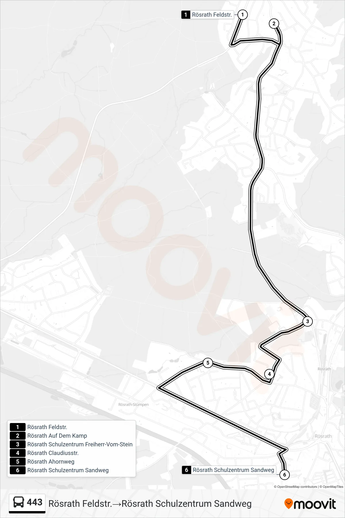 Linie 443 (Bus) Richtung Rösrath Feldstr.‎→Rösrath Schulzentrum Sandweg: Route und Haltestellen auf der Karte