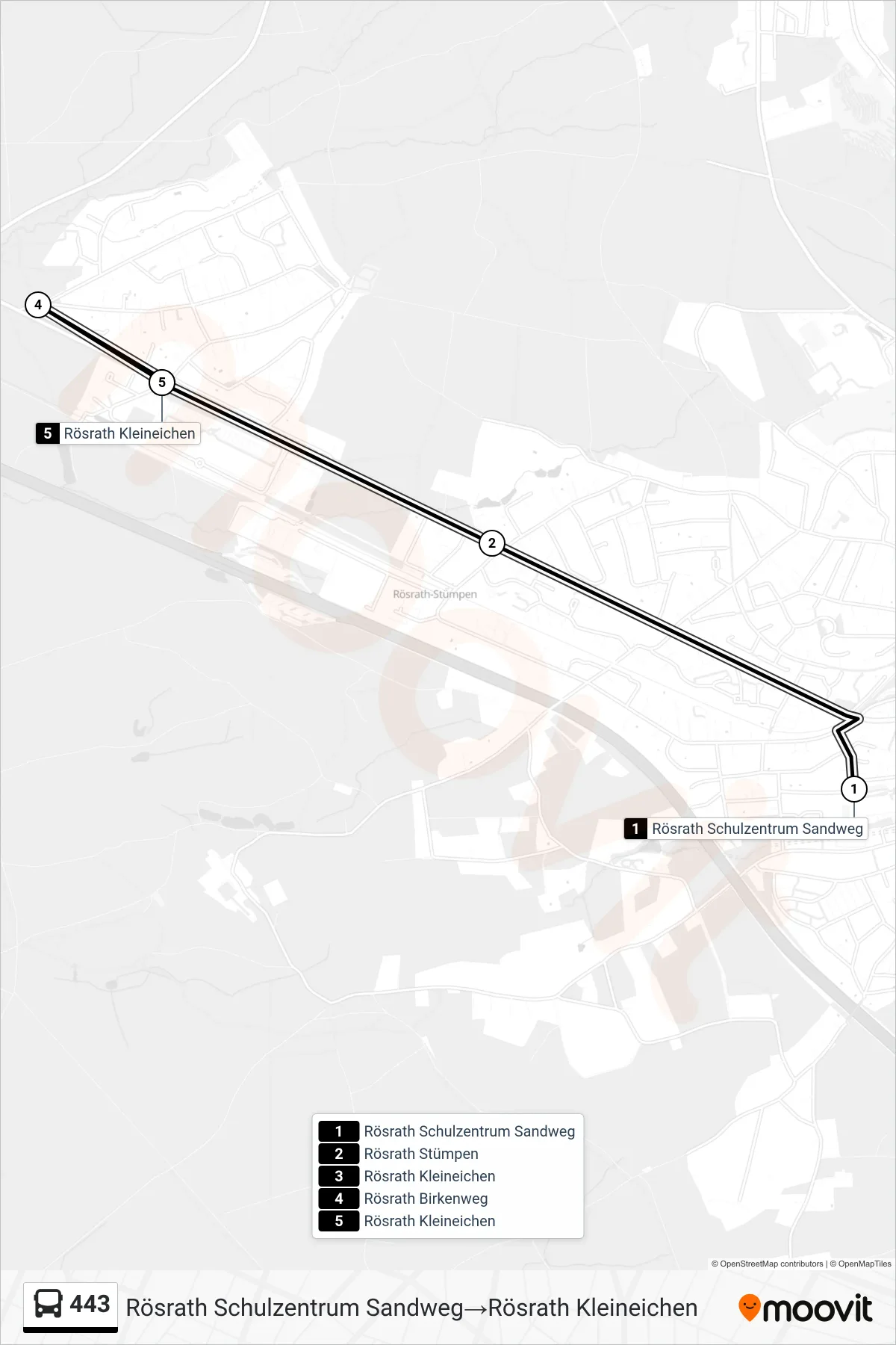 Linie 443 (Bus) Richtung Rösrath Schulzentrum Sandweg→Rösrath Kleineichen: Route und Haltestellen auf der Karte