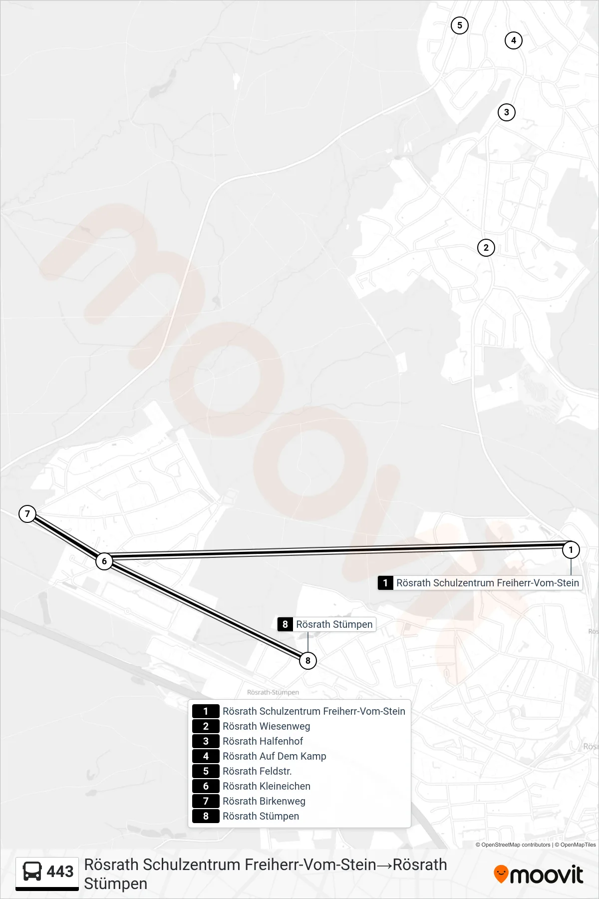 443 bus Line (Rösrath Schulzentrum Freiherr-Vom-Stein→Rösrath Stümpen) route and stops on a map