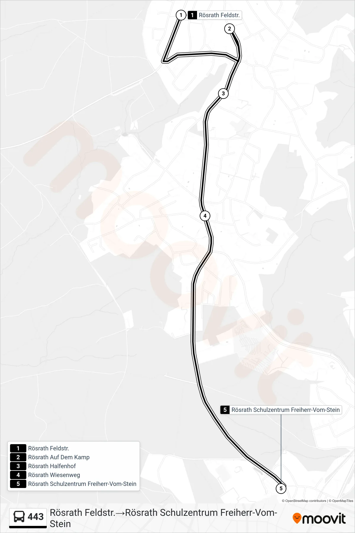 Linie 443 (Bus) Richtung Rösrath Feldstr.‎→Rösrath Schulzentrum Freiherr-Vom-Stein: Route und Haltestellen auf der Karte