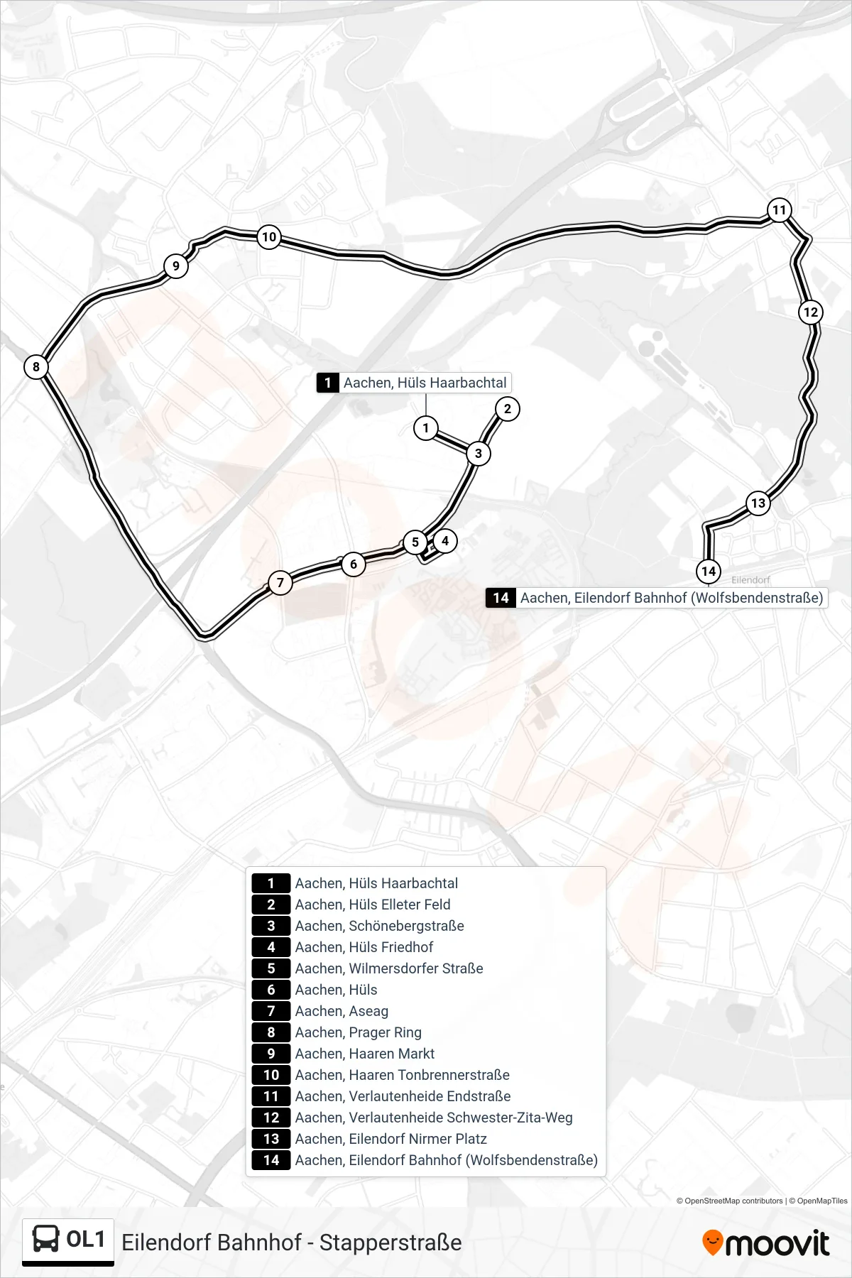 Linie OL1 (Bus) Richtung Eilendorf Bahnhof - Stapperstraße: Route und Haltestellen auf der Karte