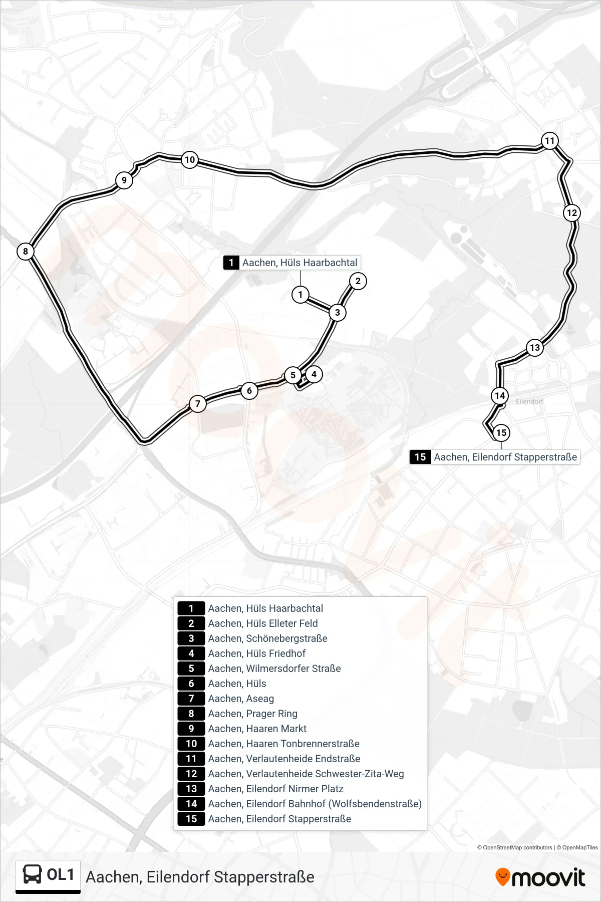 Linie OL1 (Bus) Richtung Aachen, Eilendorf Stapperstraße: Route und Haltestellen auf der Karte