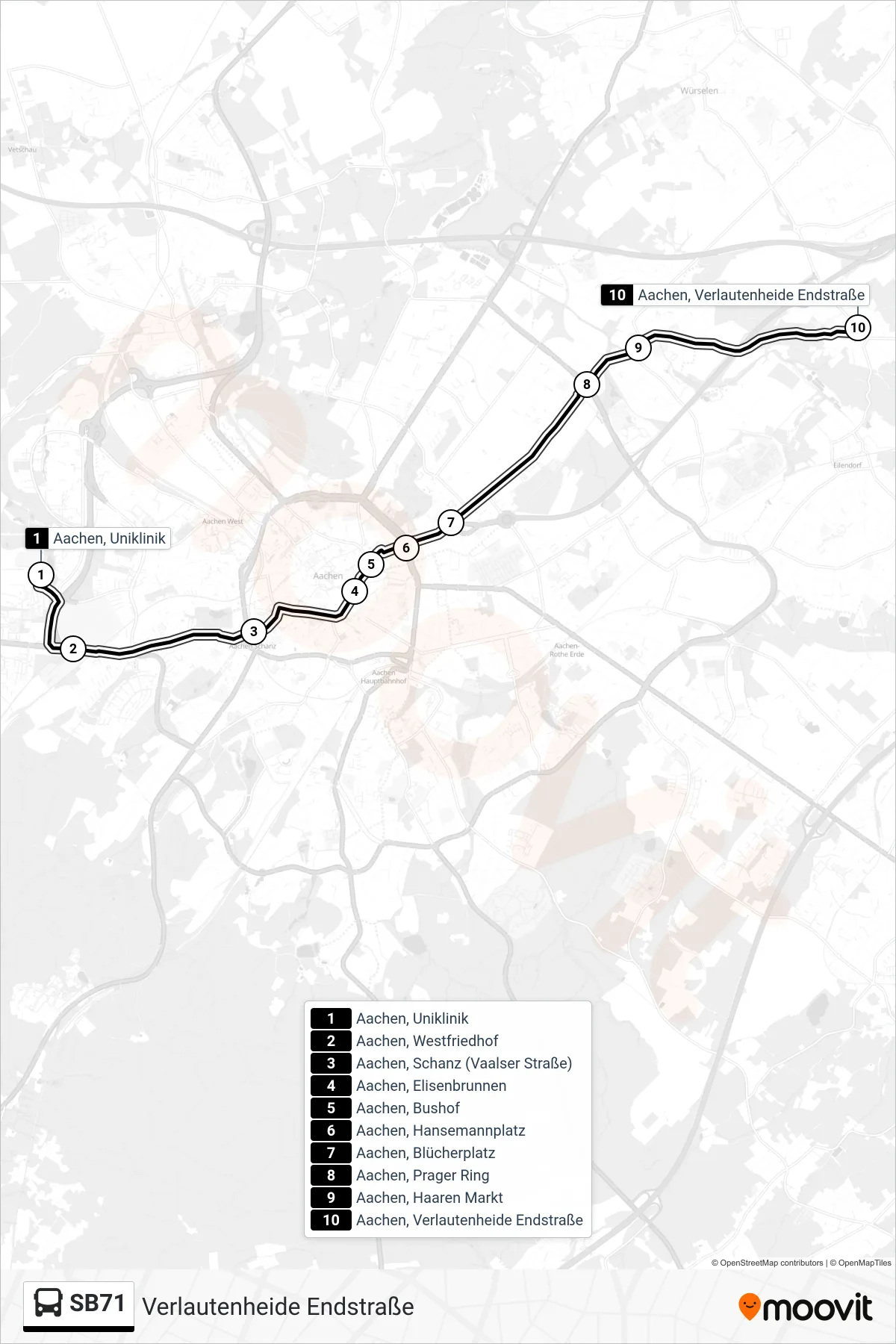 SB71 bus Line (Verlautenheide Endstraße) route and stops on a map
