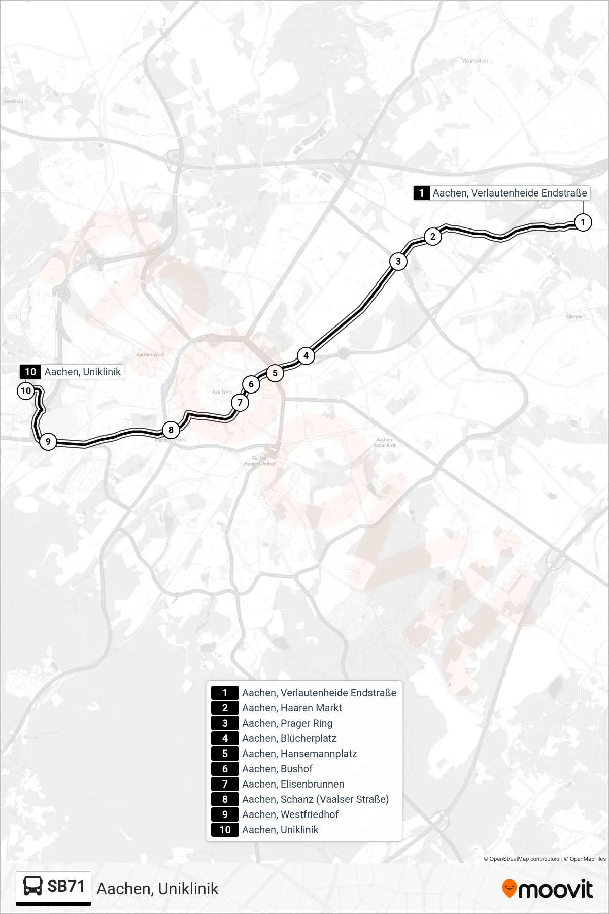 Linie SB71 (Bus) Richtung Aachen, Uniklinik: Route und Haltestellen auf der Karte