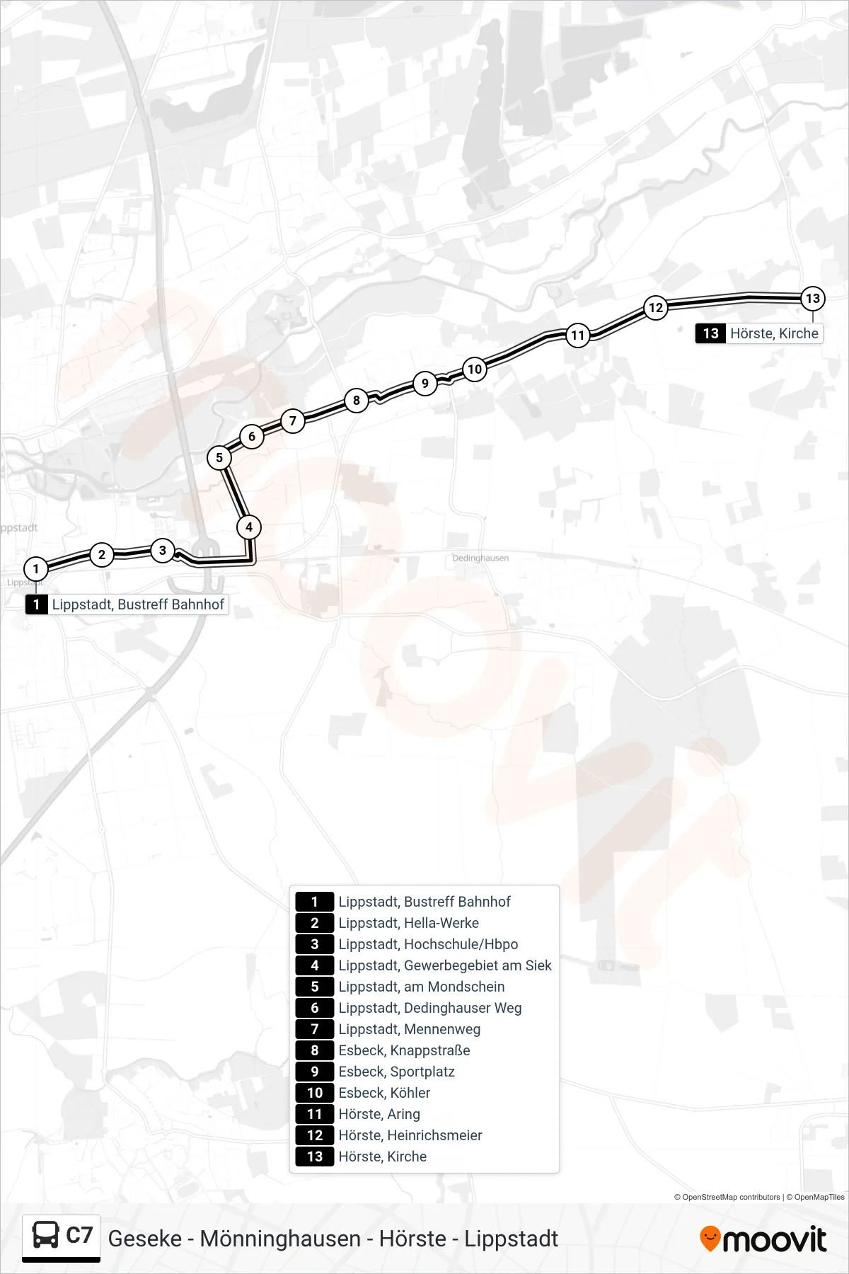 C7 bus Line (Hörste) route and stops on a map