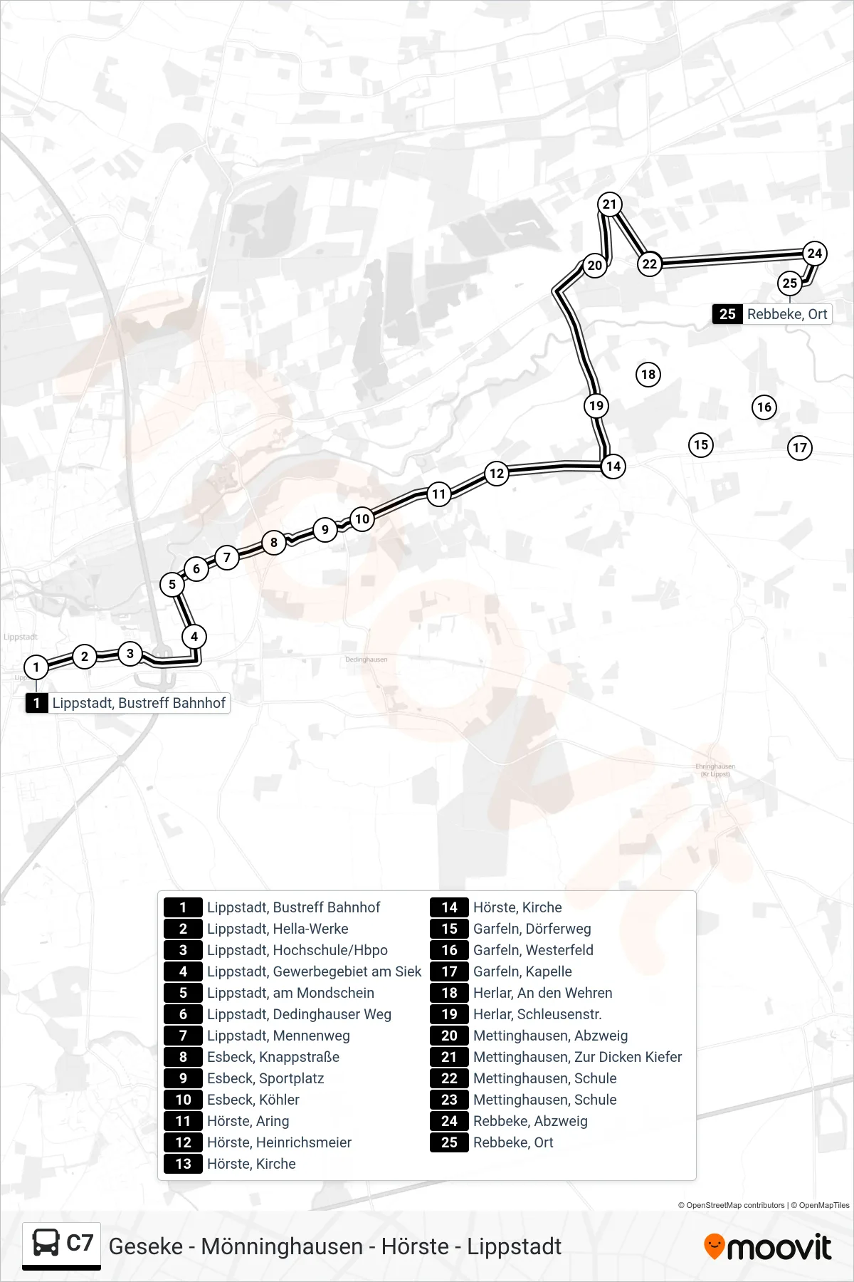 C7 bus Line (Rebbeke) route and stops on a map