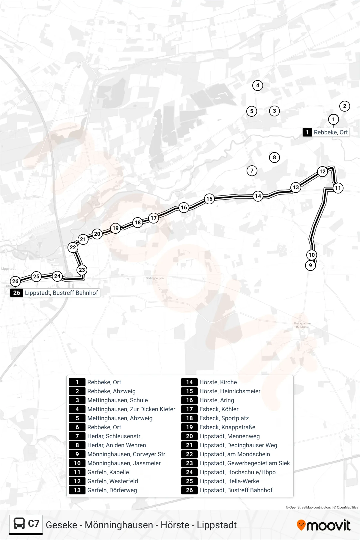 C7 bus Line (Lippstadt Bhf) route and stops on a map
