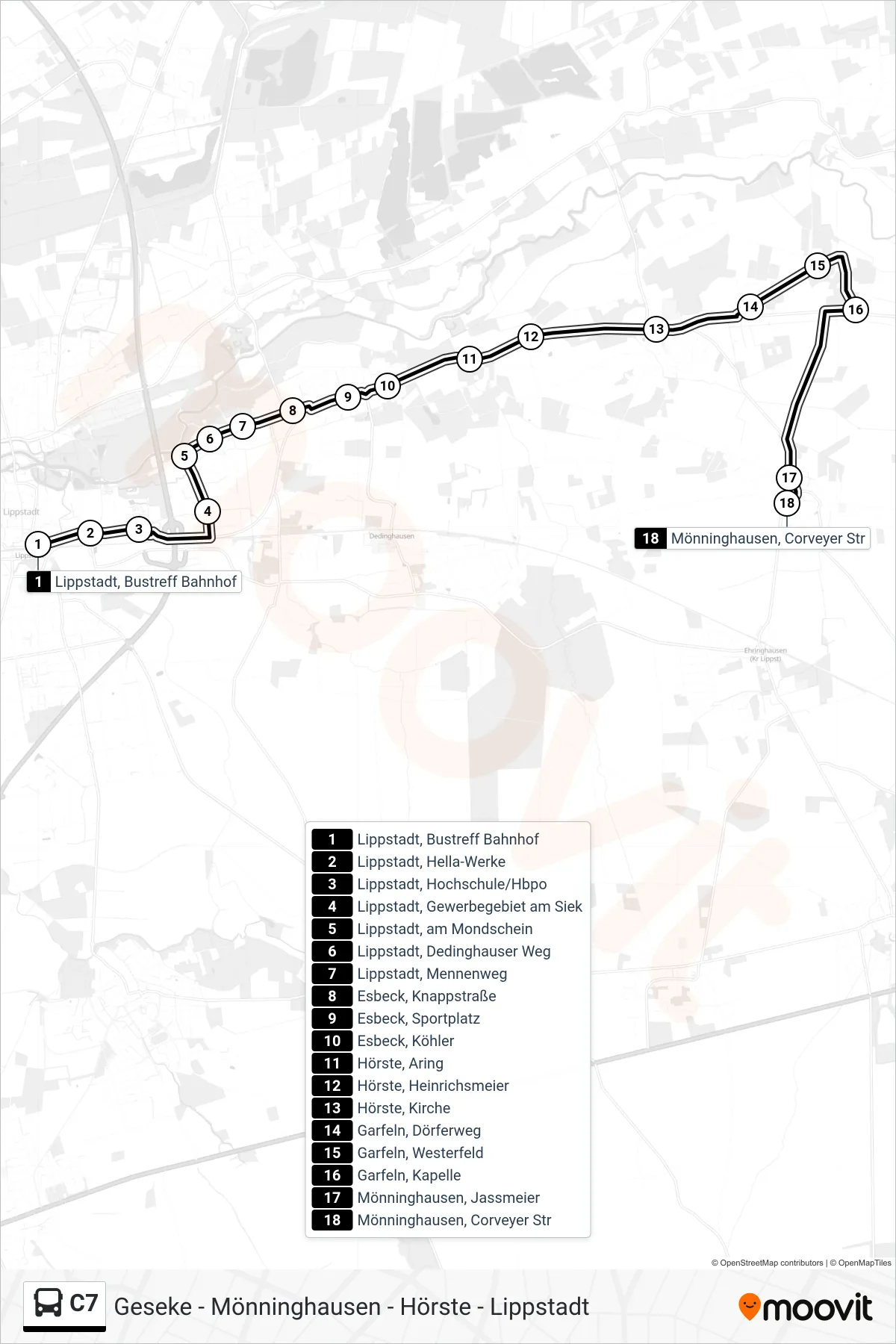 C7 bus Line (Mönninghausen) route and stops on a map