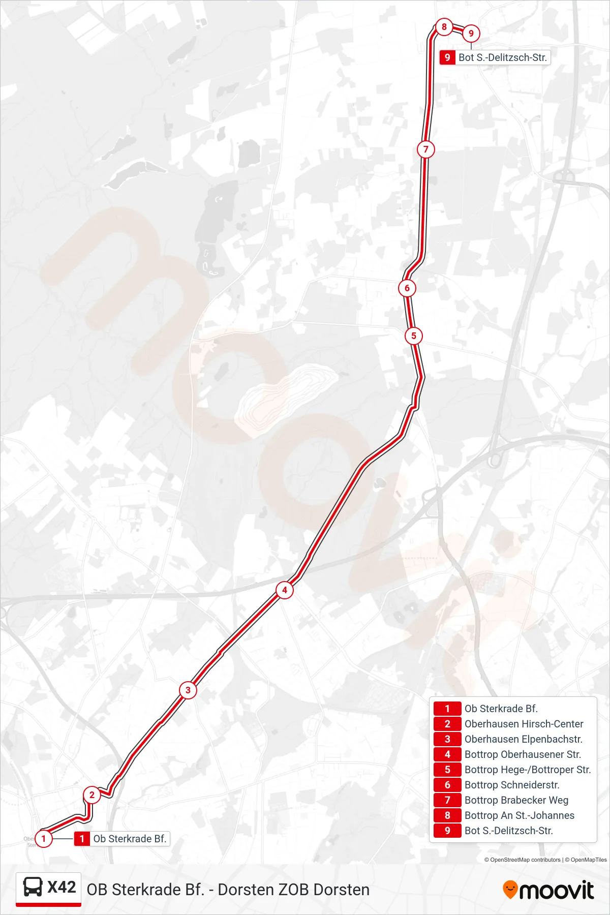 X42 bus Line (Bot S.-Delitzsch-Str.) route and stops on a map