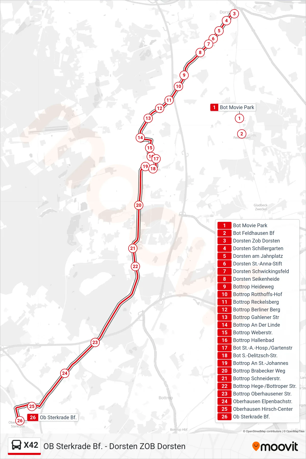 X42 bus Line (Ob Sterkrade Bf.) route and stops on a map