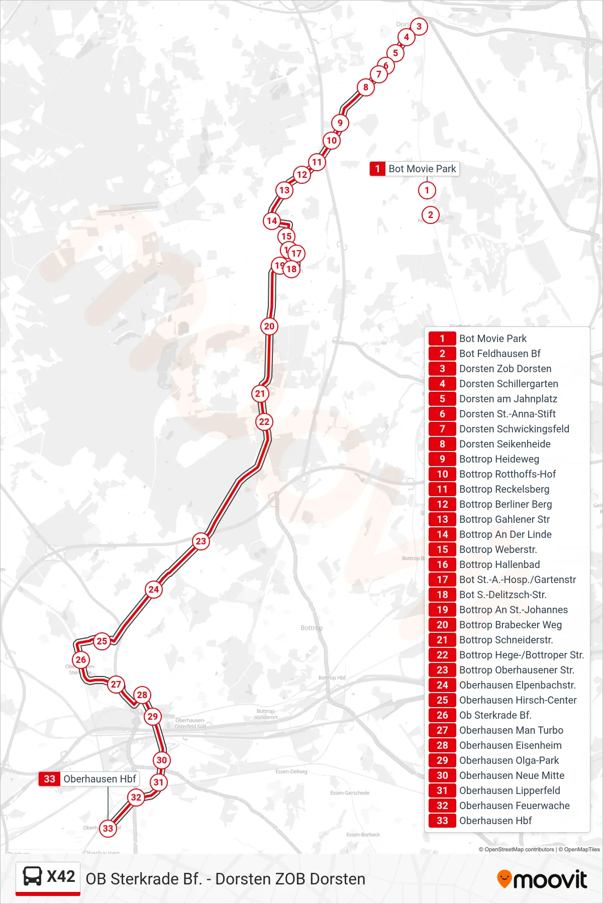 X42 bus Line (Oberhausen Hbf) route and stops on a map