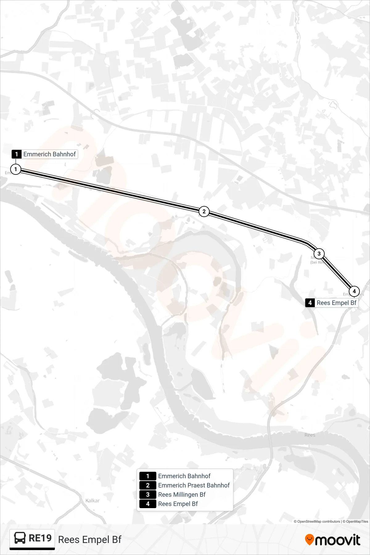 RE19 bus Line (Rees Empel Bf) route and stops on a map