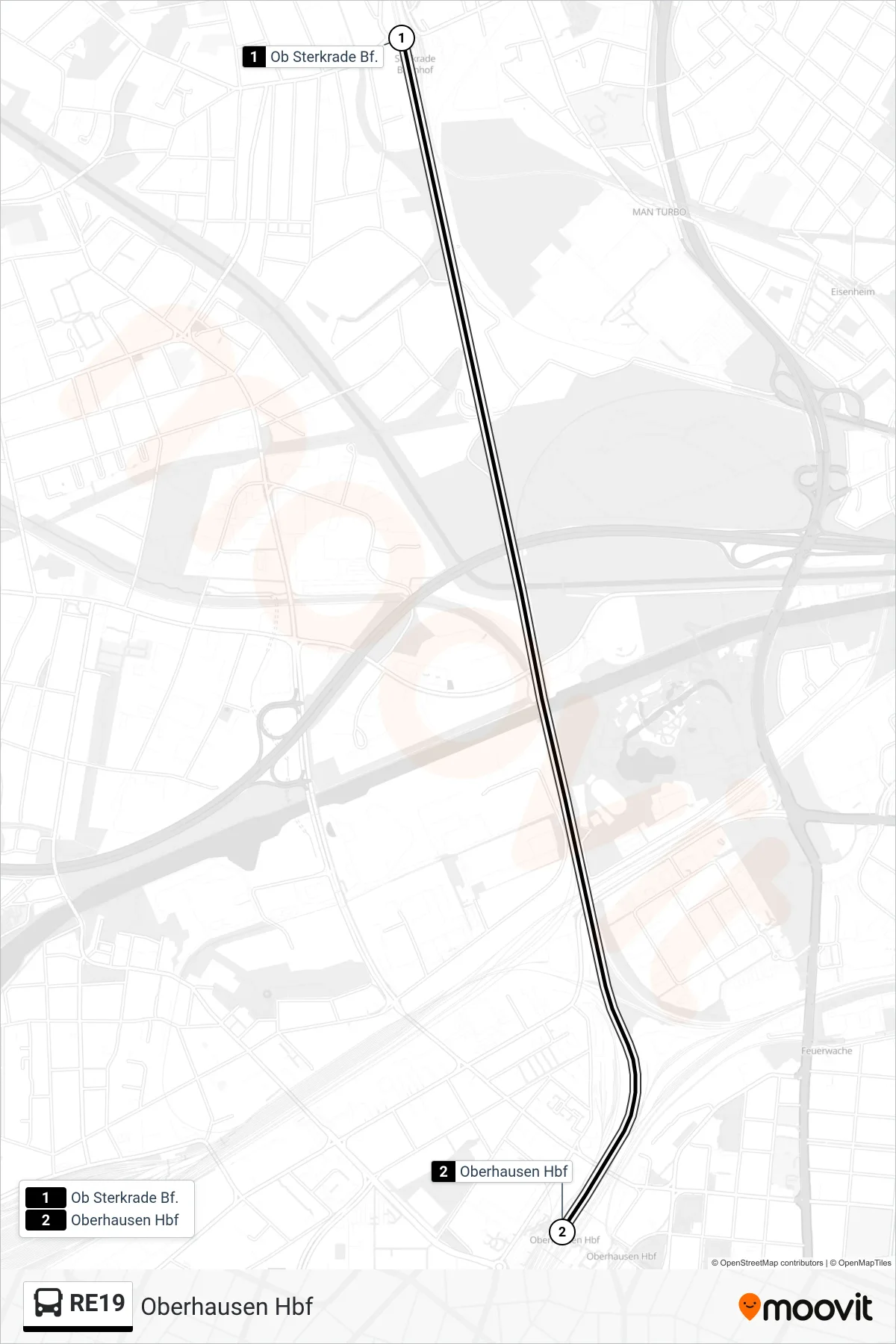 Linie RE19 (Bus) Richtung Oberhausen Hbf: Route und Haltestellen auf der Karte