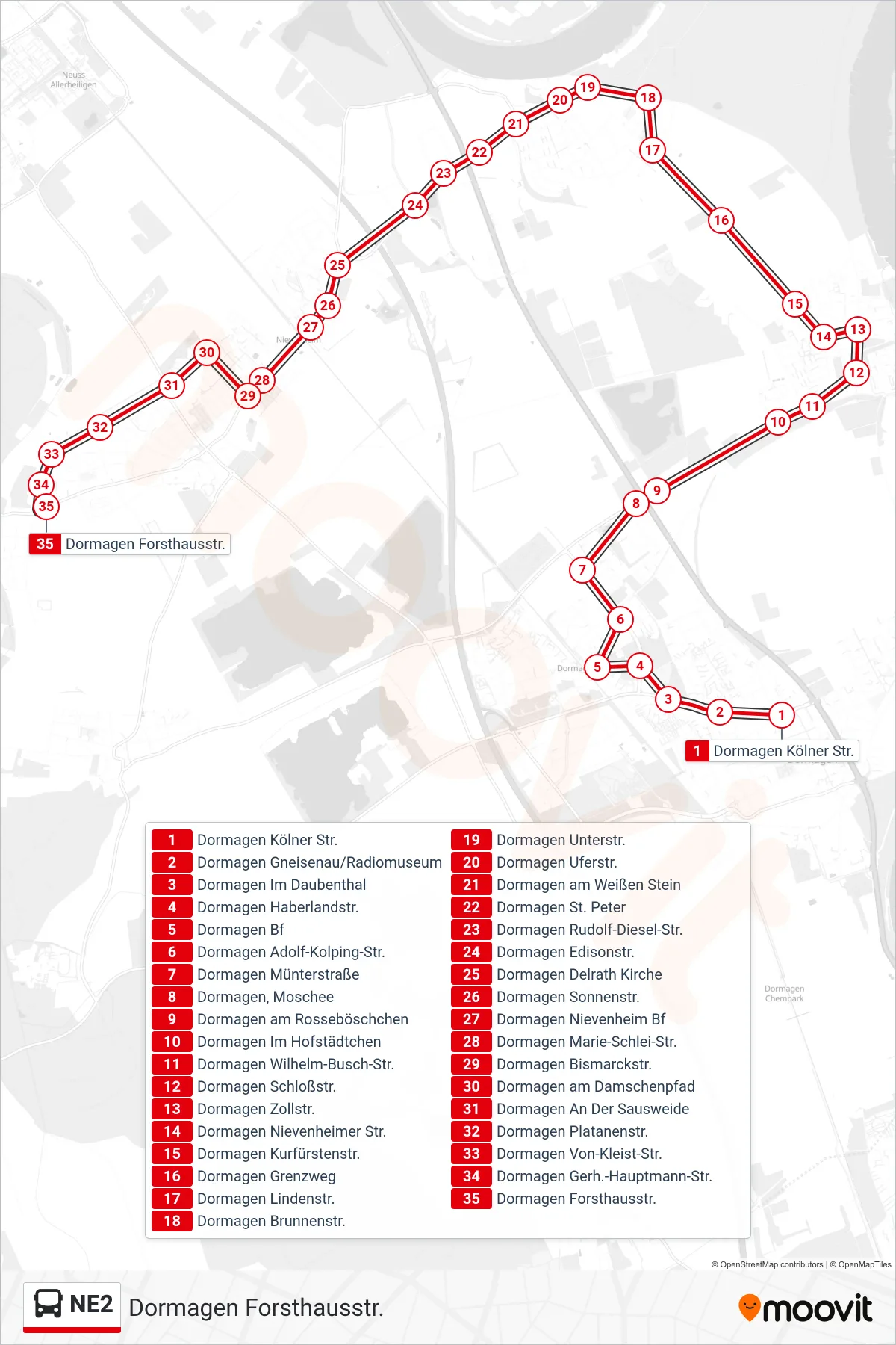 Linie NE2 (Bus) Richtung Dormagen Forsthausstr.: Route und Haltestellen auf der Karte