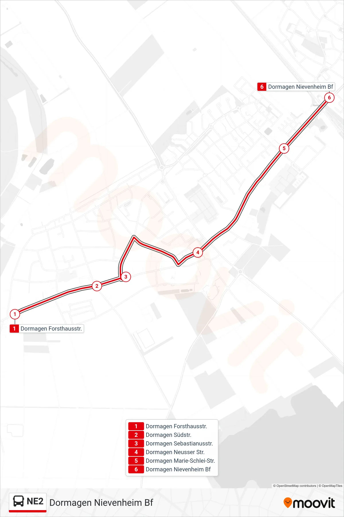 Linie NE2 (Bus) Richtung Dormagen Nievenheim Bf: Route und Haltestellen auf der Karte