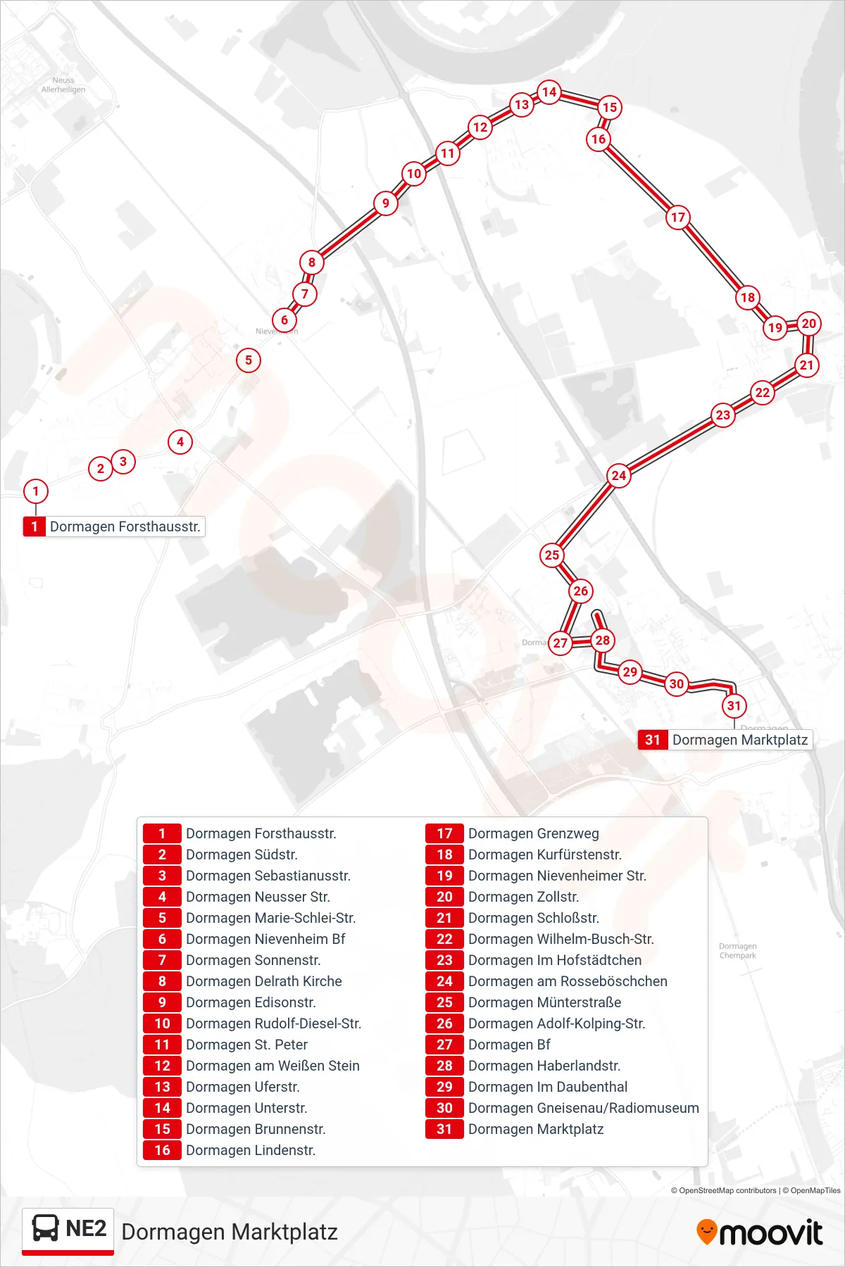 Linie NE2 (Bus) Richtung Dormagen Marktplatz: Route und Haltestellen auf der Karte