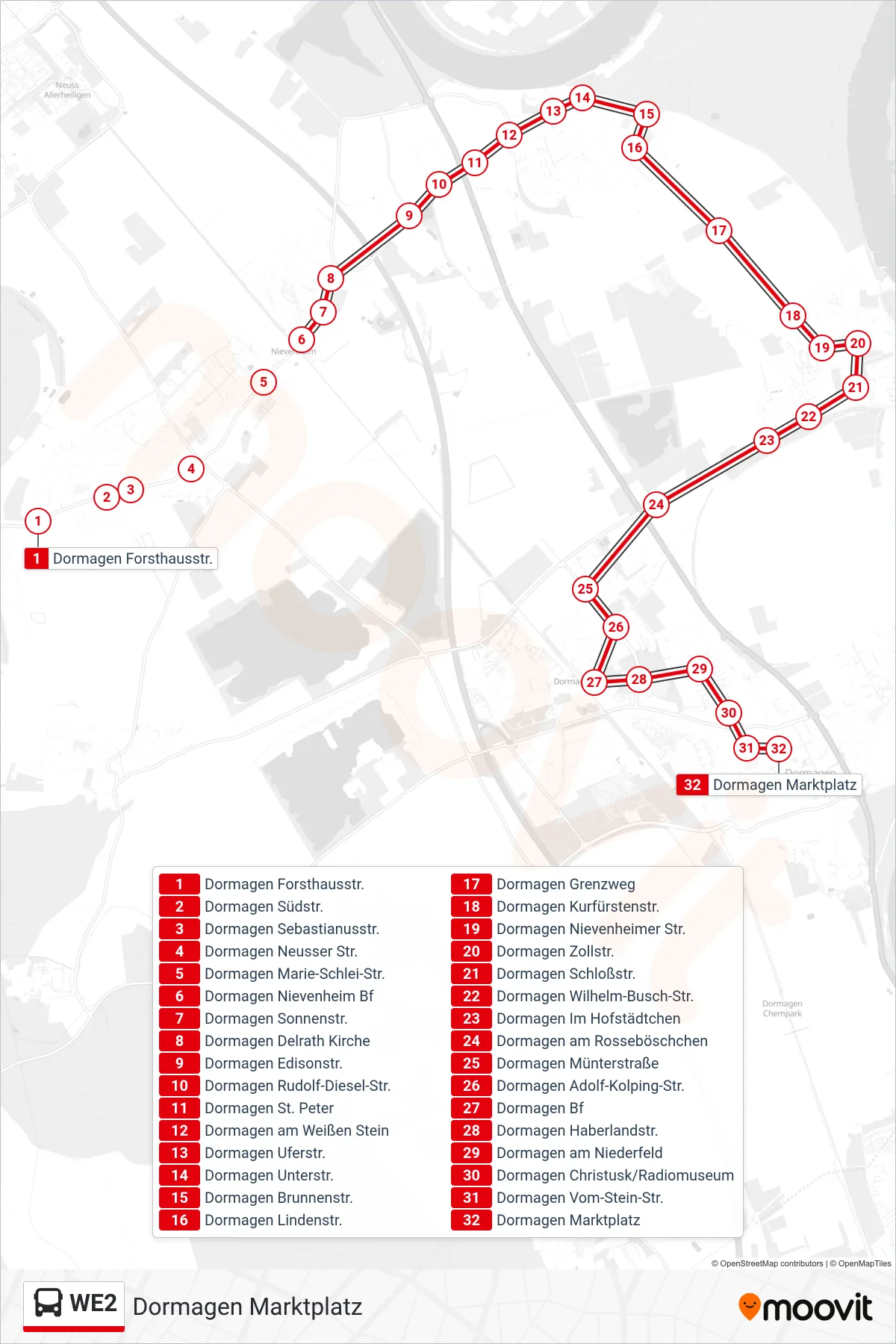 Linie WE2 (Bus) Richtung Dormagen Marktplatz: Route und Haltestellen auf der Karte
